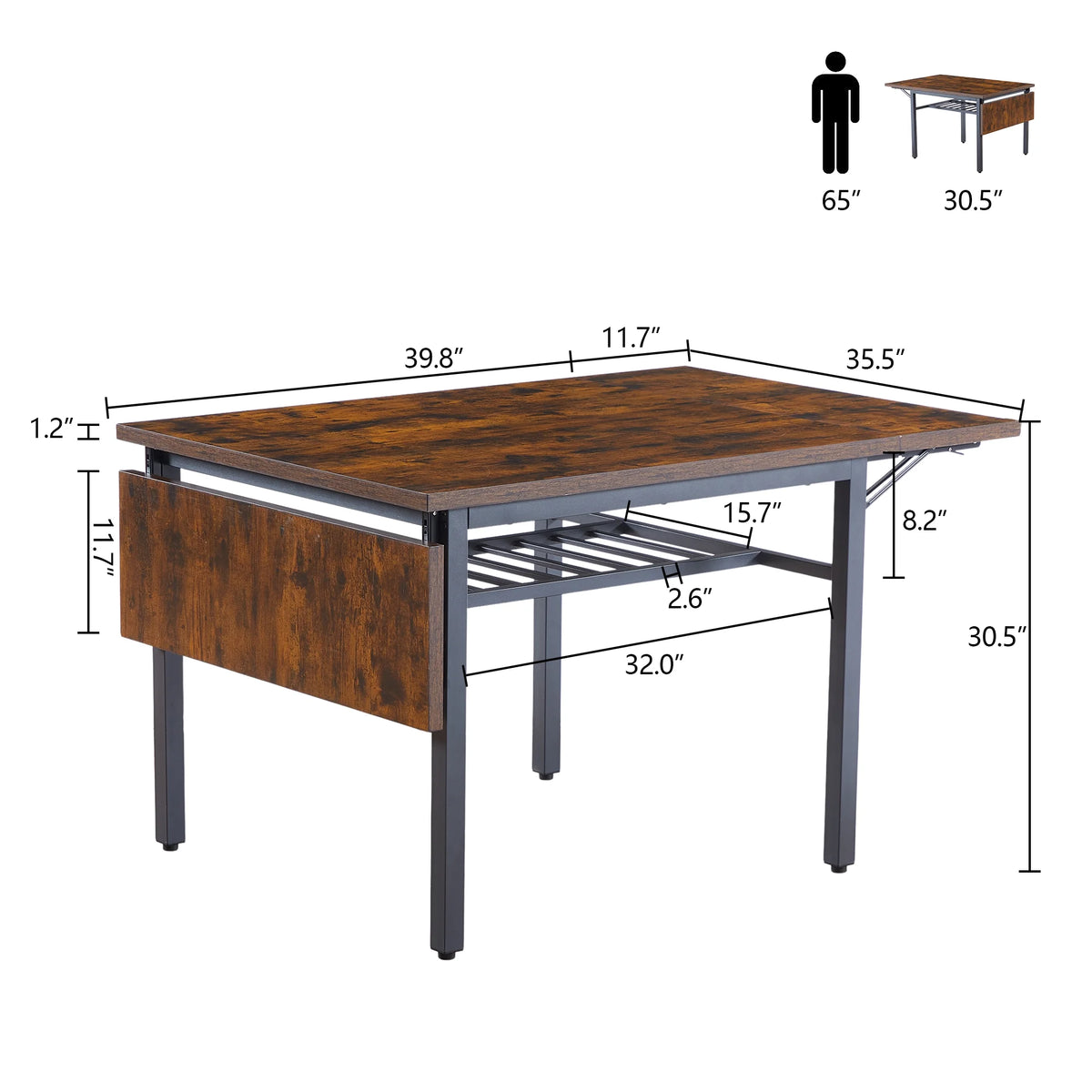 Folding Dining Table, Kitchen Table Foldable Dining Room Dinner Drop Leaf Tables for Small Spaces,Seats 2-6 People,63.2'' L x 35.5'' W x 30.5'' H,Rustic Brown