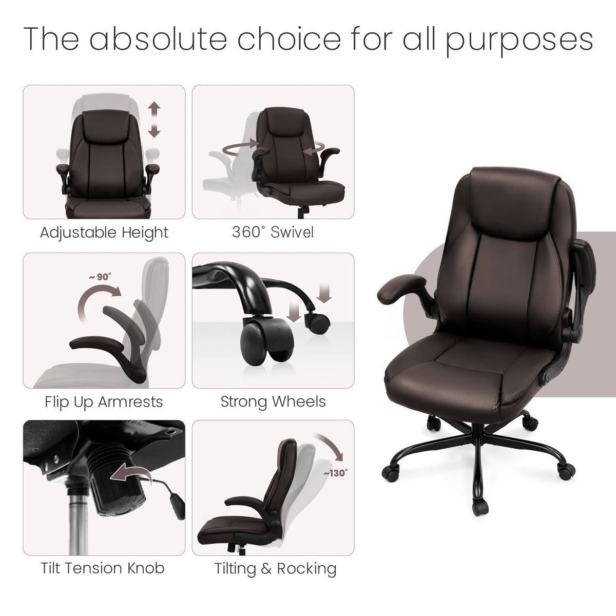 NEO CHAIR Executive Office Chair, Ergonomic High back Cushioned, Wide Leather Seat 8 Hours Heavy Duty Design, Flip Up Armrest Computer Desk Chair, Black