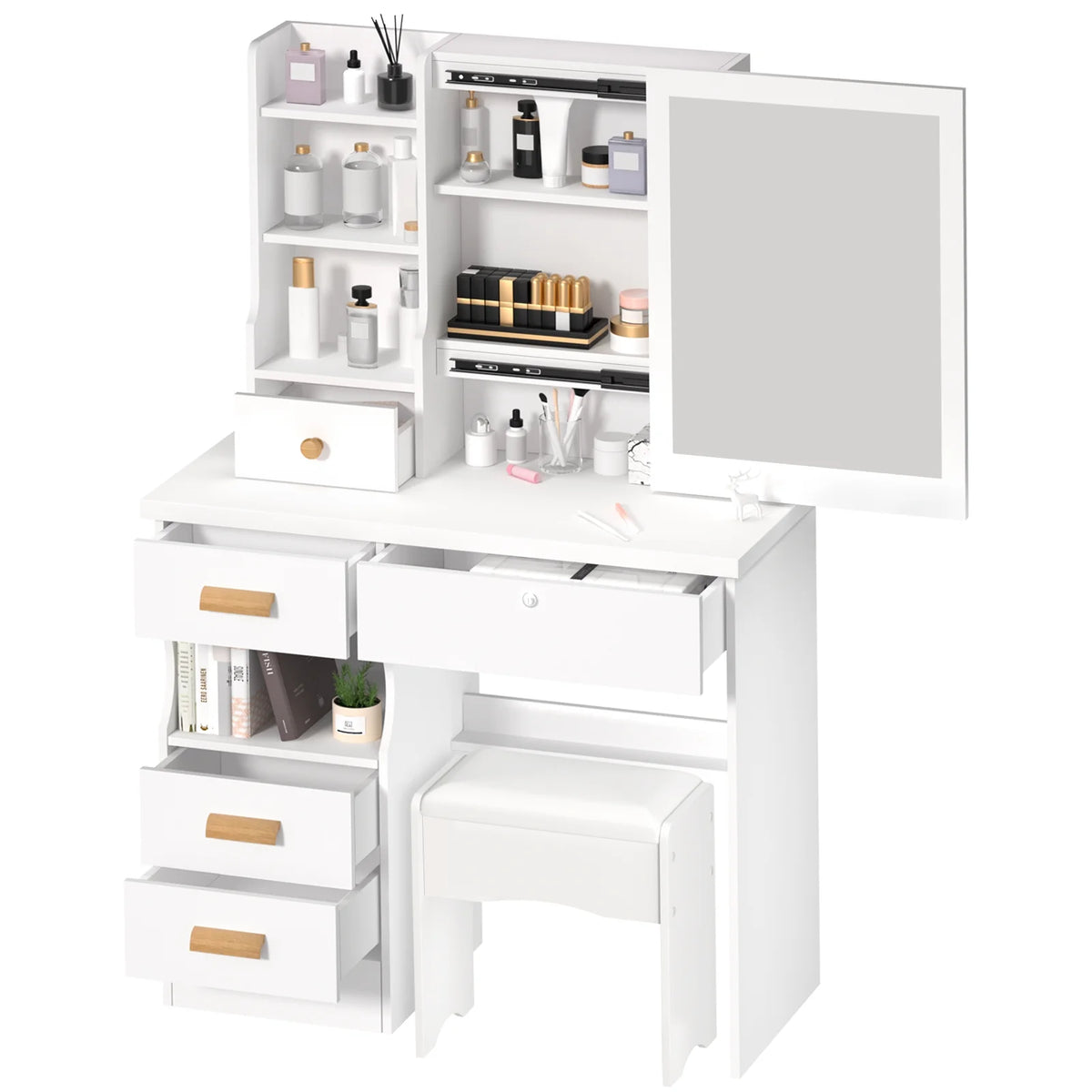 Lorelo Vanity Desk with Sliding Mirror, Bedroom Dressing Table, Makeup Table with 5 Drawers & Shelves, Hidden Storage Space