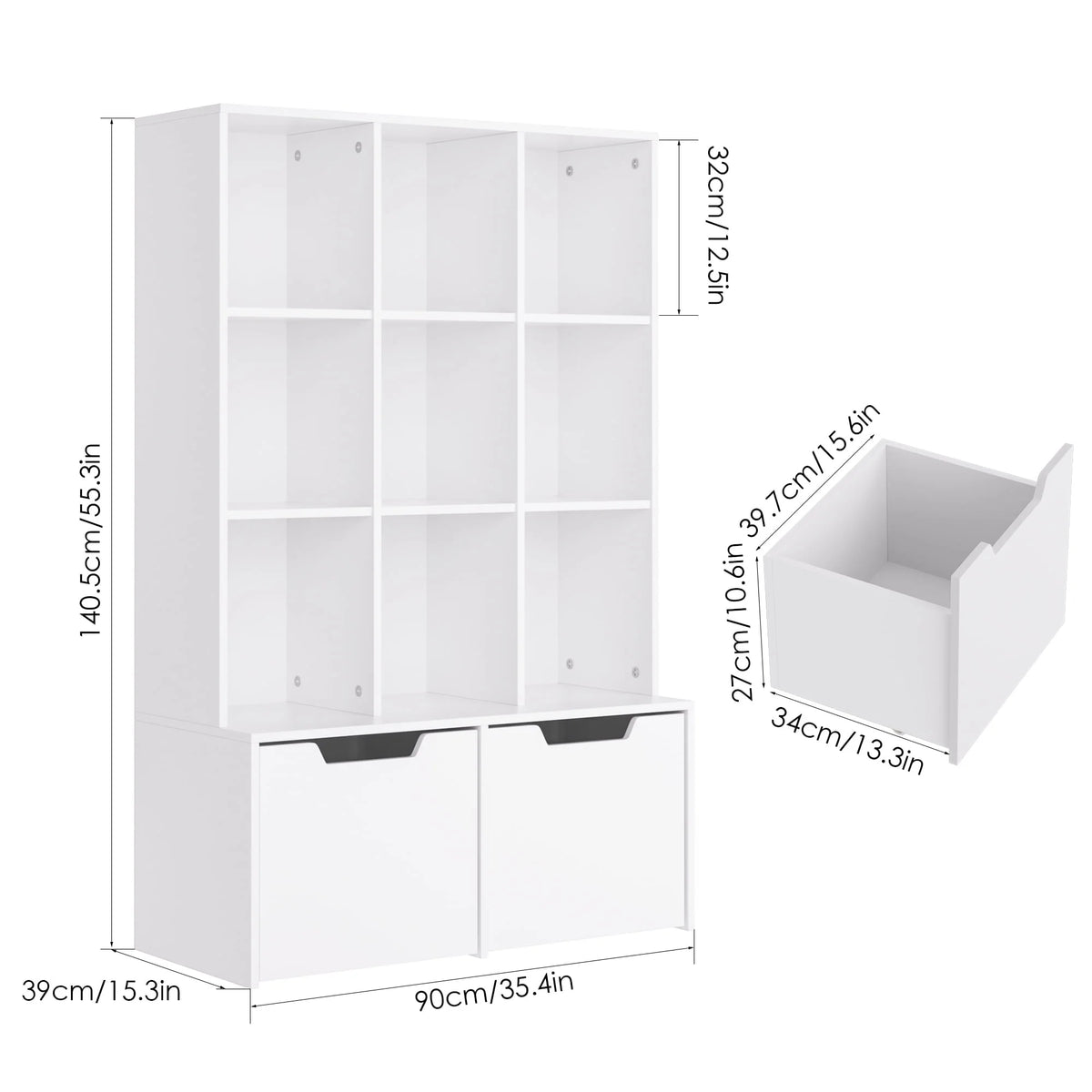 Homfa Modern Cube Bookcase, 9-Cube Storage Cabinet Display Shelf with 2 Mobile Drawers, White Finish