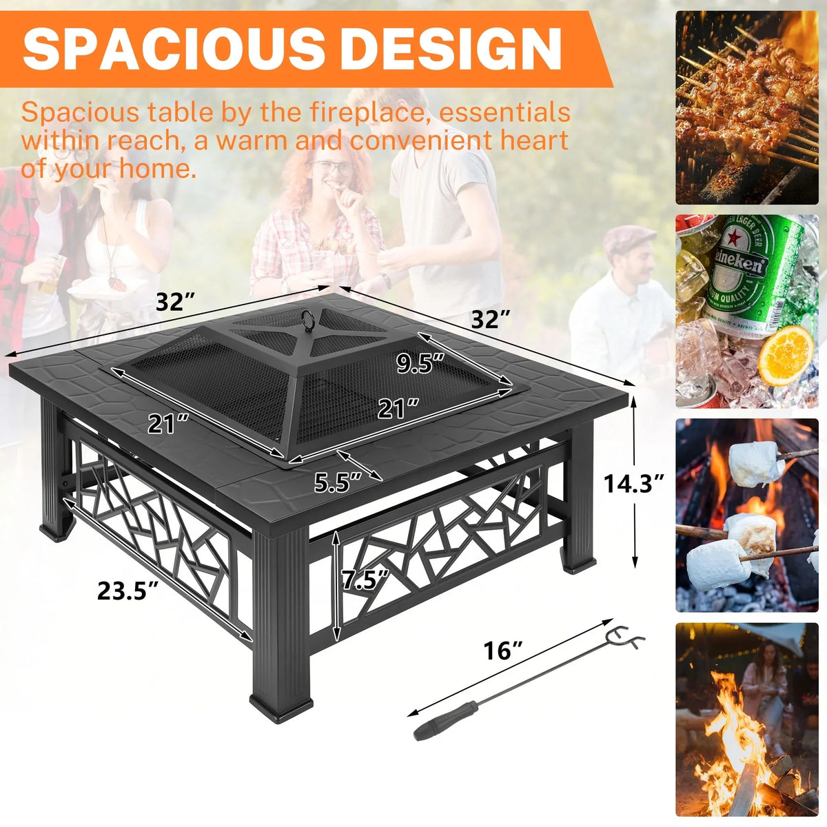 32" Fire Pits for Outside, SYNGAR Wood Burning Bonfire Fire Pit Table with Mesh Lid, Grate, BBQ Grill and Poker, Outdoor Metal Square Fire Pit for BBQ, Camping, Picnics, Backyard