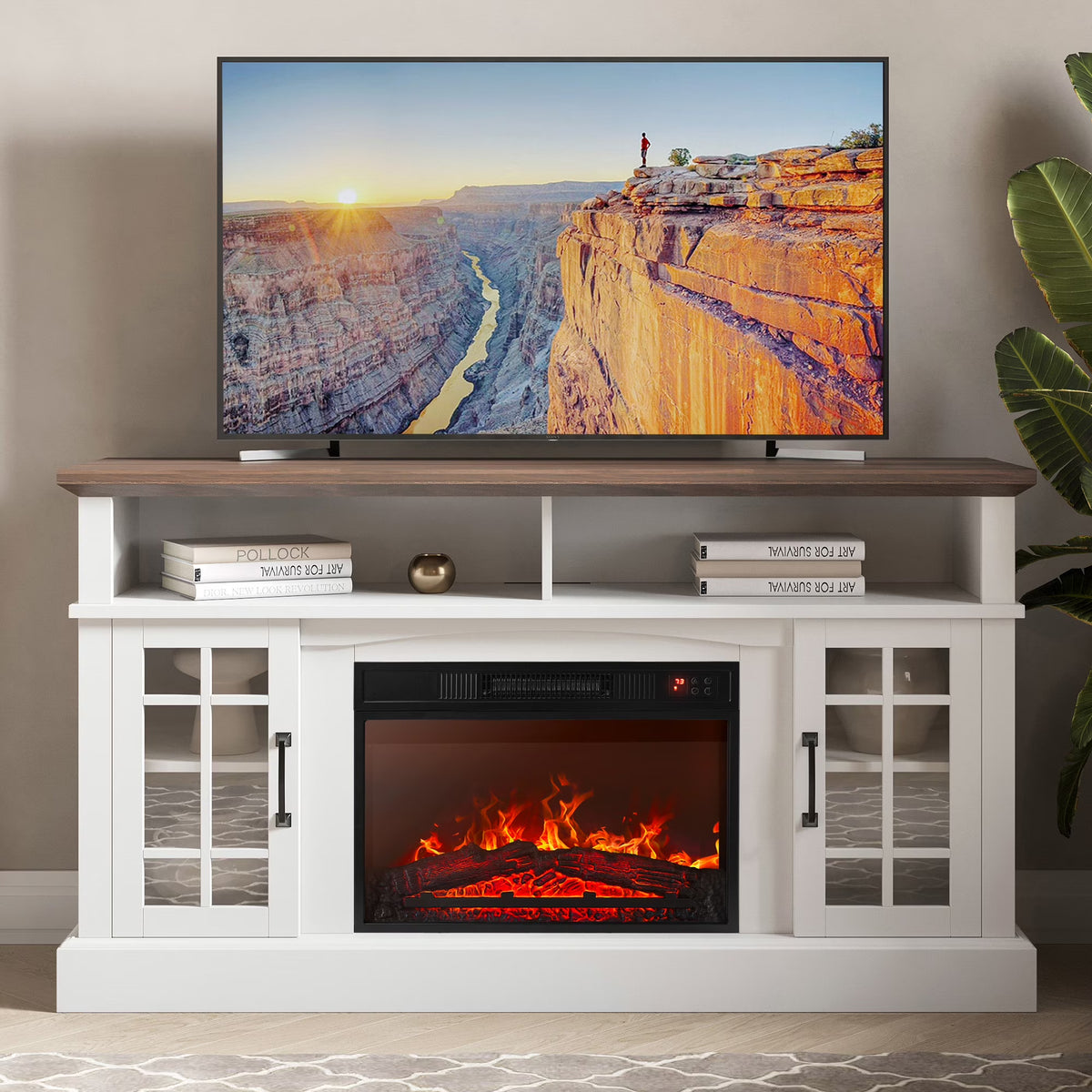 BELLEZE 58" TV Stand with 23" Electric Fireplace, Fireplace TV Console for TVs up to 65", Home Entertainment Center with Storage Cabinet and Adjustable Shelves - Astorga (Gray Wash)