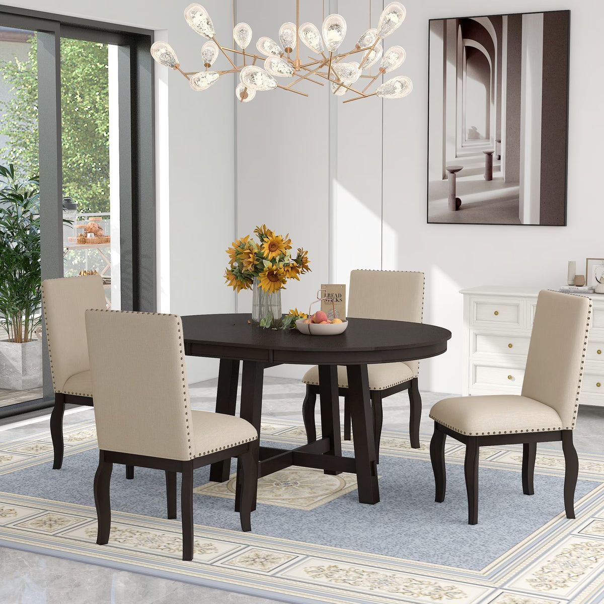 Bellemave 5-Piece Round Dining Table Set, Wood Farmhouse Extendable Dining Table and 4 Upholstered Dining Chairs, Kitchen Dining Table Set for 4 ��Antique White��