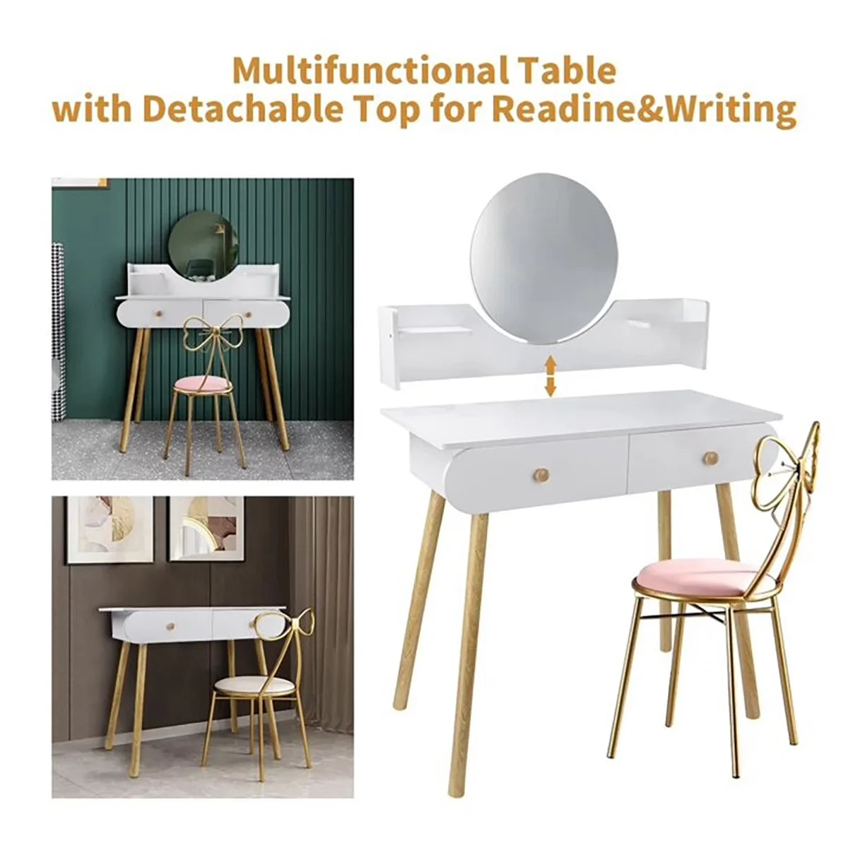 SolarSoda Vanity Table with Mirror, 2 Drawers Makeup Dressing Desk, Teen Adult(Without Stool)