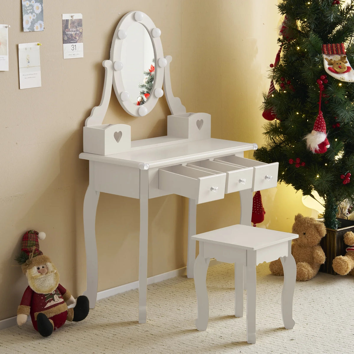 Zimtown Kids' Vanity Set with 3-Color LED Lighted Mirror Makeup Table with Matching Stool, Purple