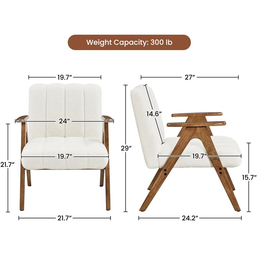Yaheetech Mid Century Modern Boucle Upholstered Accent Chair with Solid Wood Legs, White