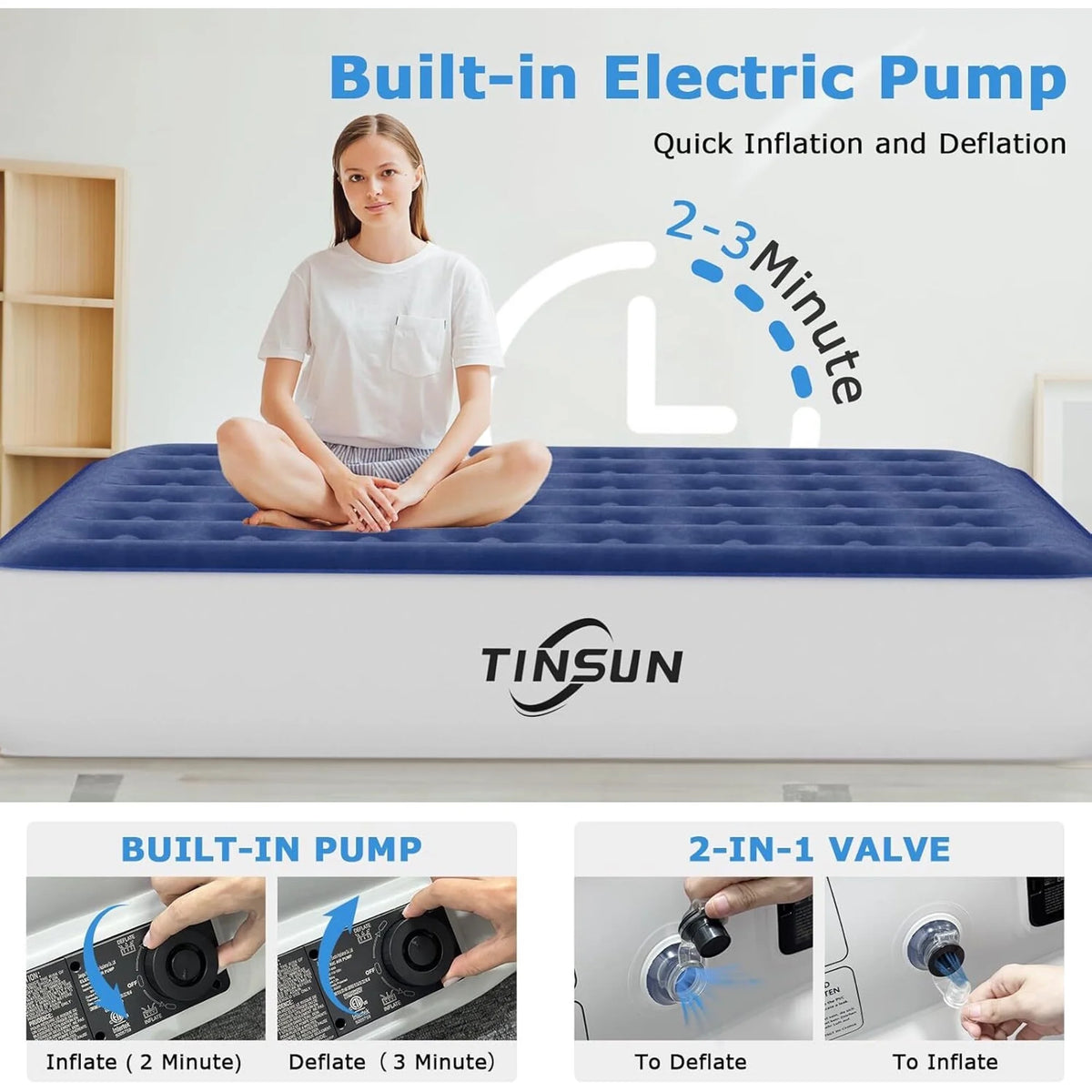 13" Queen Air Mattress, Portable Inflatable Blow Up Bed with Built-in Pump, Air Bed for Camping, Beach, Outdoor, Guest, Blue