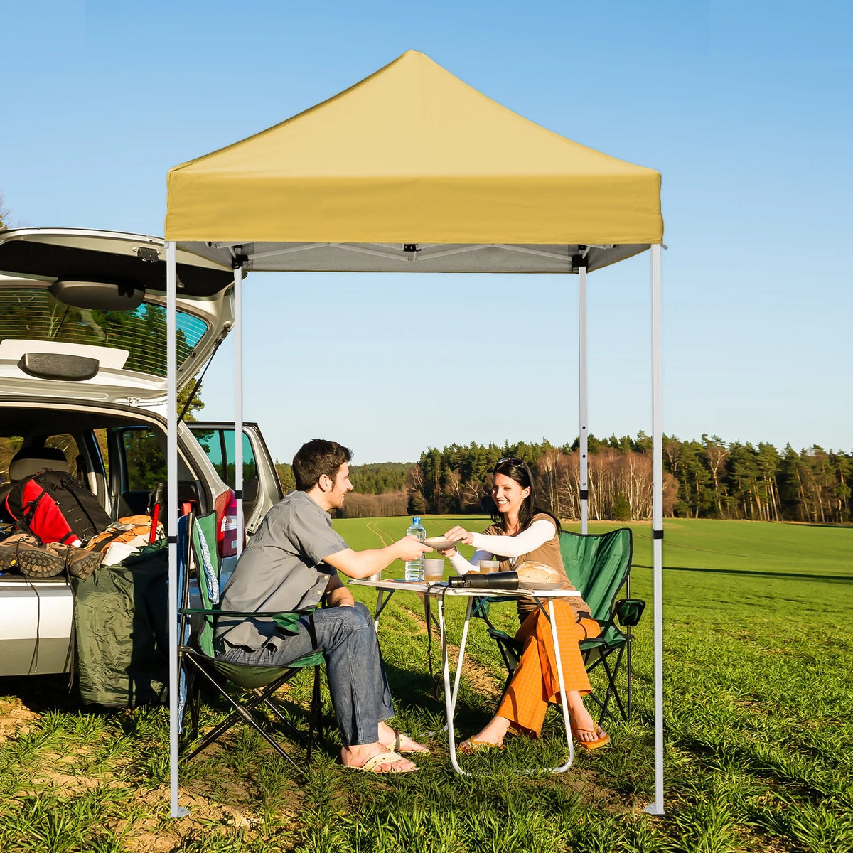 INTER HUT 5x5 Outdoor Pop up Canopy Gazebo, Instant Easy Set up Outdoor Canopy Commercial Fair Shelter, Beige