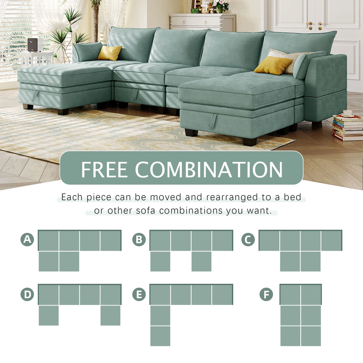 EUROCO 115" Large U/L Shaped Sectional Sofa, 1200LBS 6 Seat Convertible Couch Queen Size Sleeper Bed with Storage Seat and Removable Cushions, Modular Sofa with 2 Stools