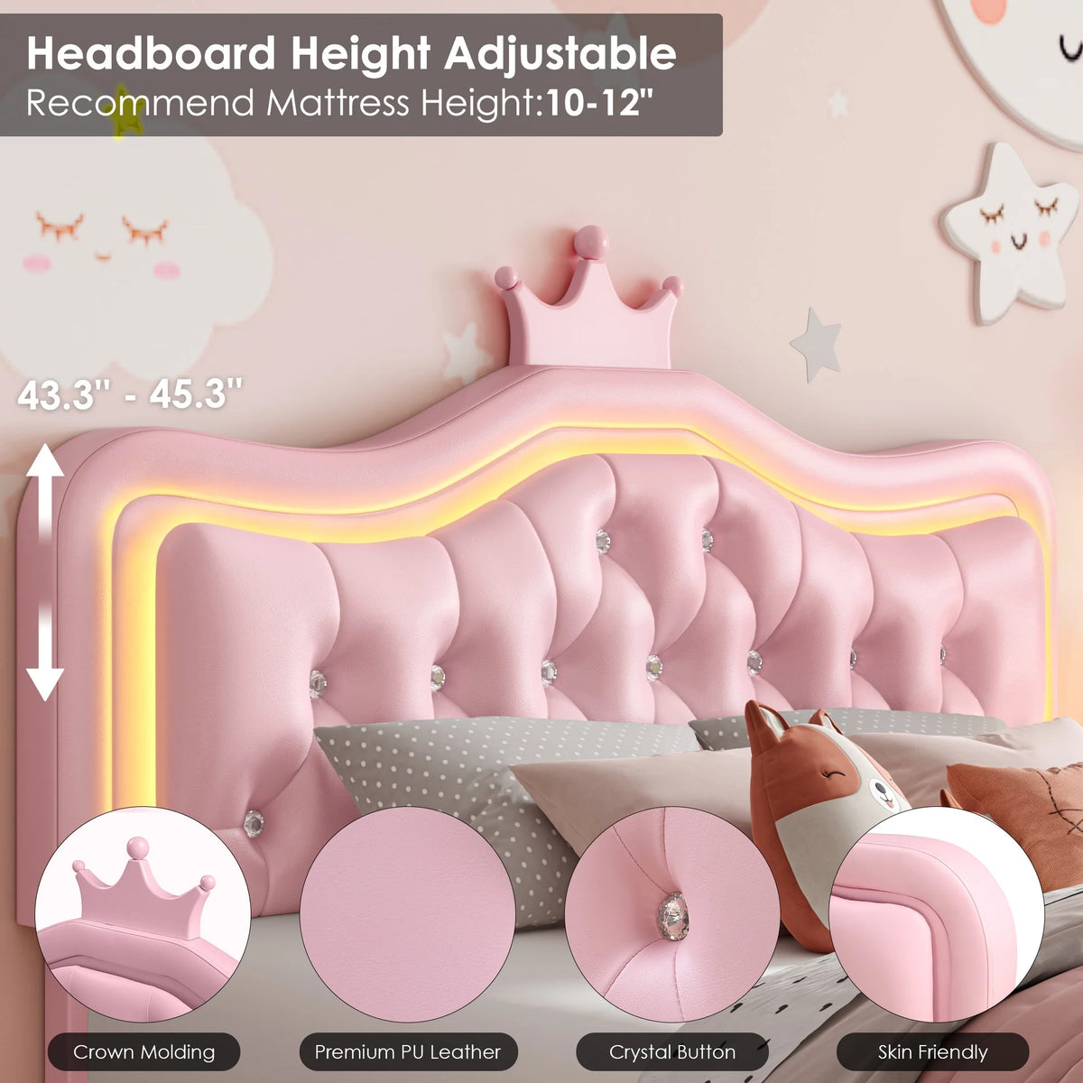 Homfa Full Size Bed, LED Upholstered Bed with Adjustable Crystal Button Tufted Crown Headboard, Soft PU Princess Platform Bed with Storage Drawers, Pink