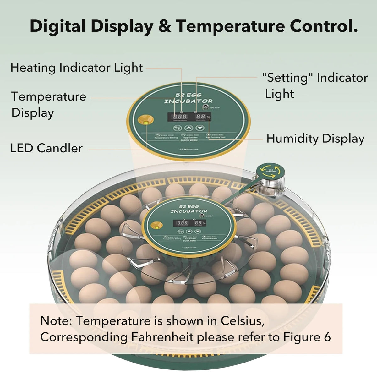 BN-LINK 52 Egg Incubator with Automatic Egg Turning and Temperature Control, Smart Egg Incubator with Humidity Display, LED Candler & Sink, Hatching Chicken Duck Quail Bird