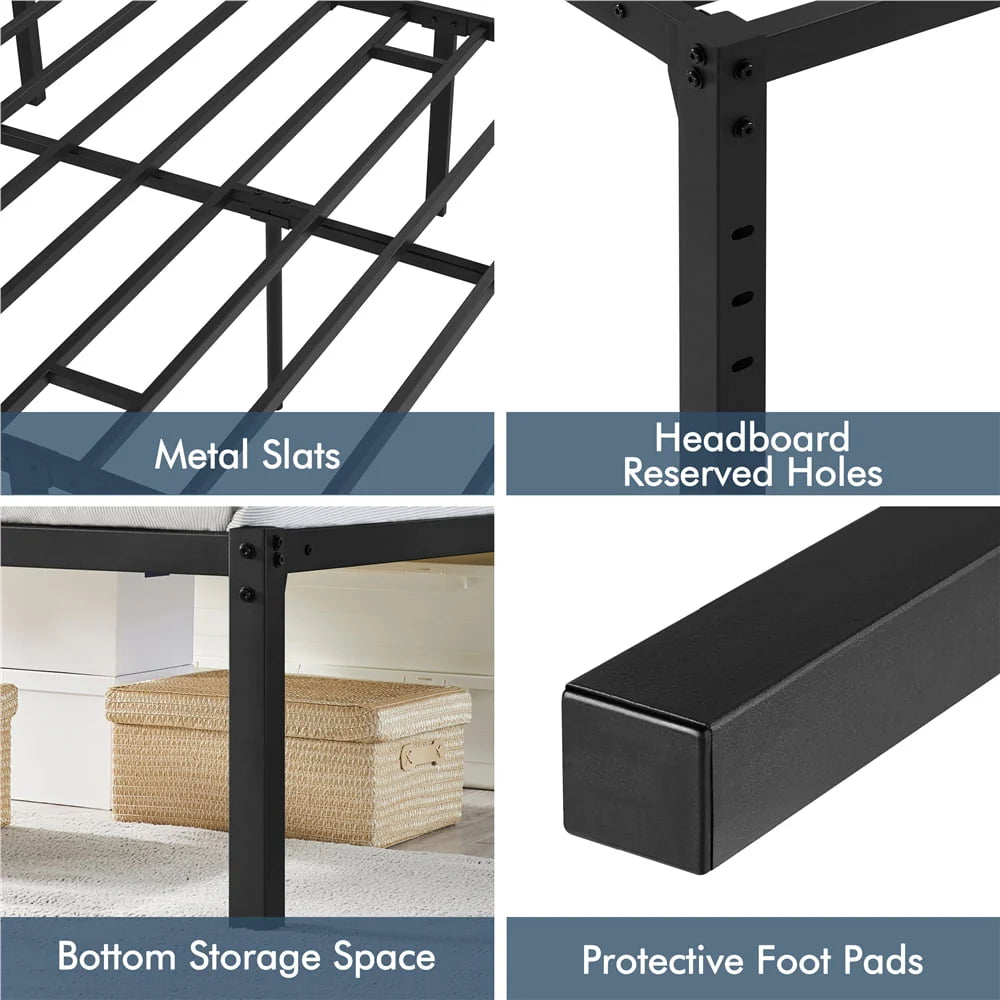 Alden Design Metal Platform Queen Bed Frame with Heavy Duty Steel Slat Support, Black