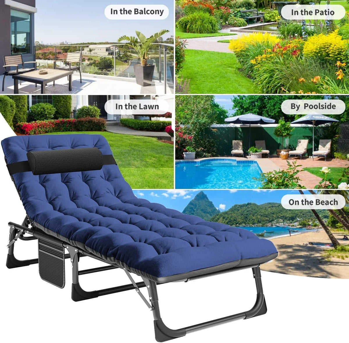 ABORON Folding Camping Cot with 2-Sided Pad & Pillow for Adults & Kids, Adjustable 5-Position Folding Lounge Chair, Folding Cot, Sleeping Cots Bed
