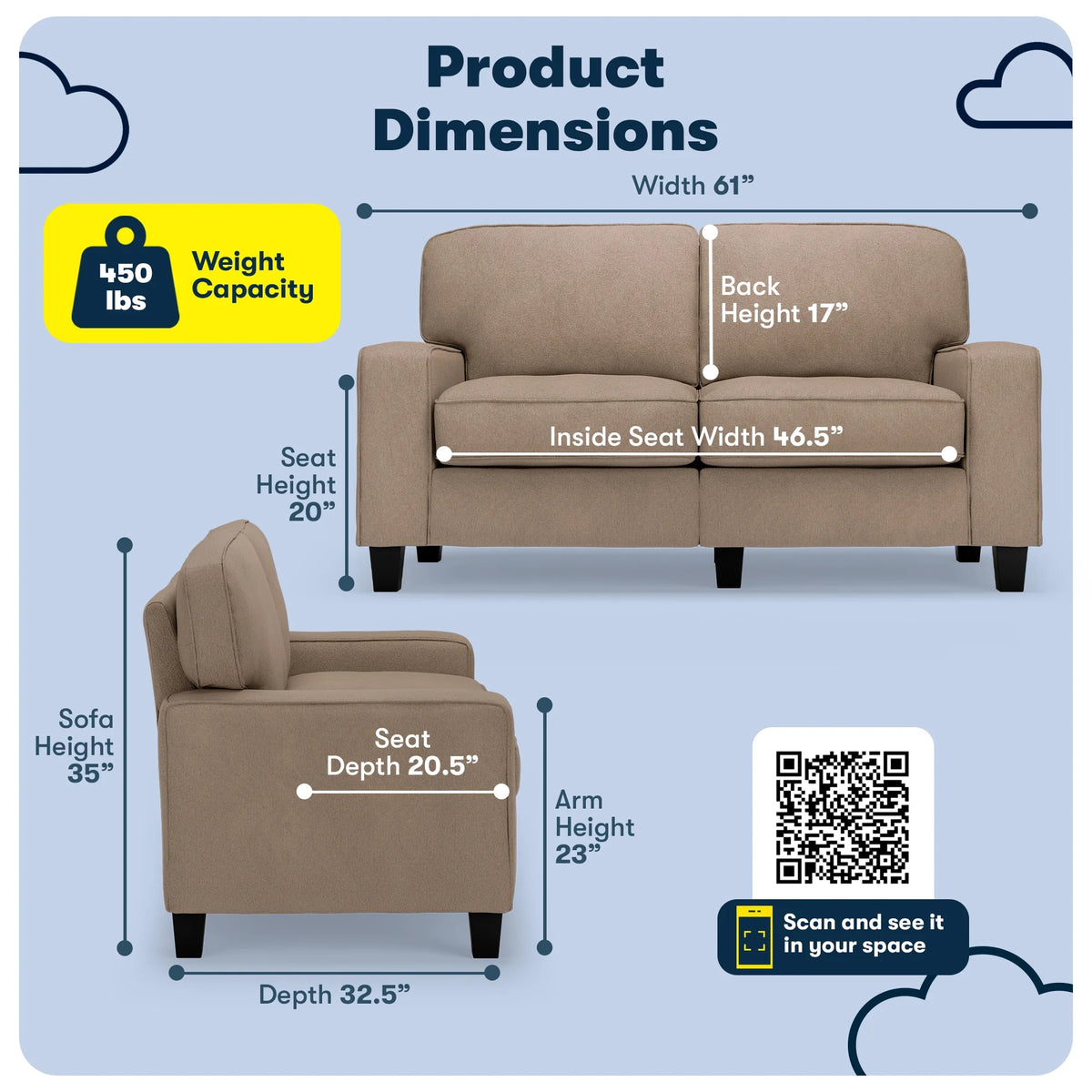 Serta Palisades 61" Track Arm Sofa Loveseat with Removable Covers Beige