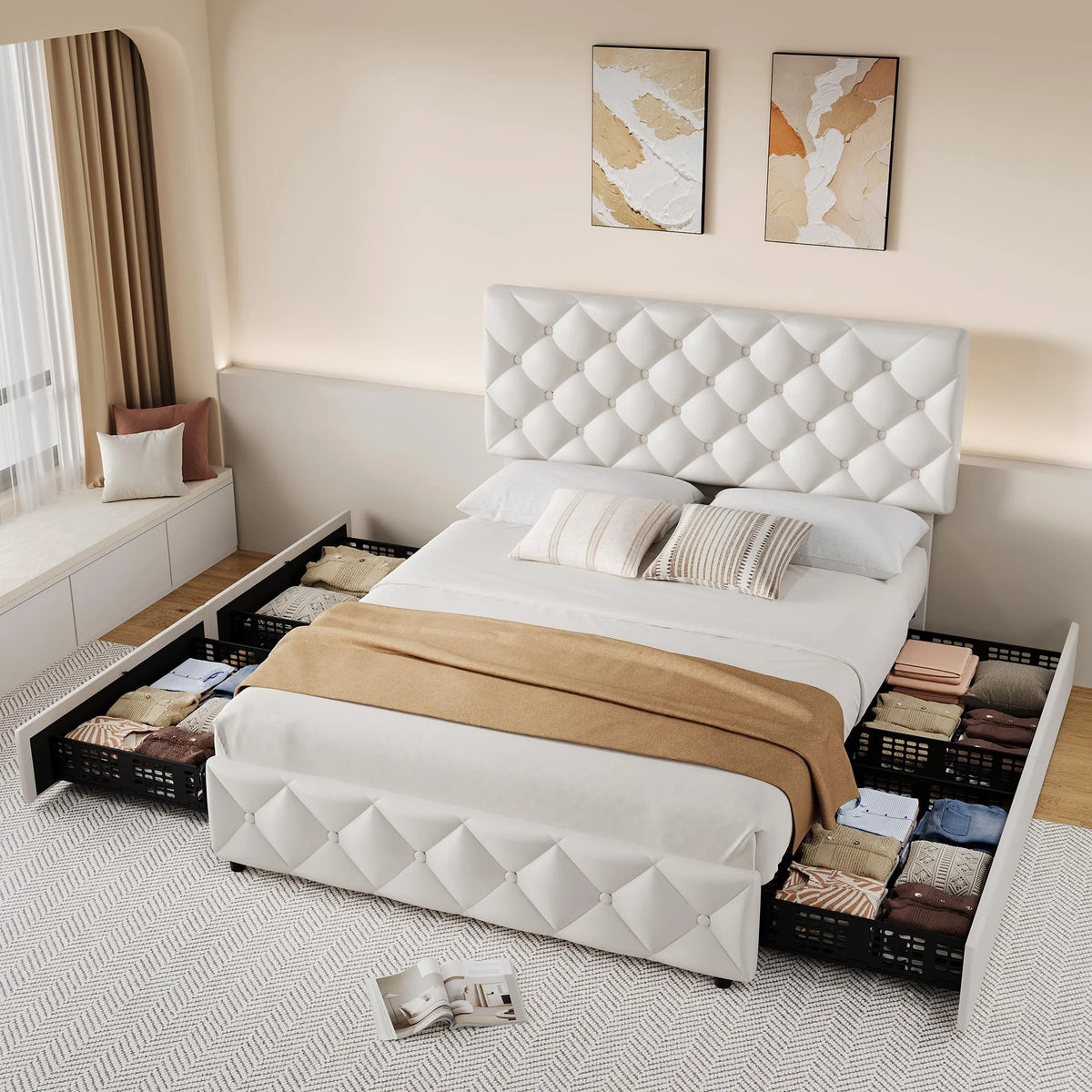 TROPOW Full Size Bed Frame,with 4 Storage Drawers and Adjustable Headboard, Linen Upholstered Platform Bed Frame, Diamond Stitched Button Tufted, No Box Spring Needed,White