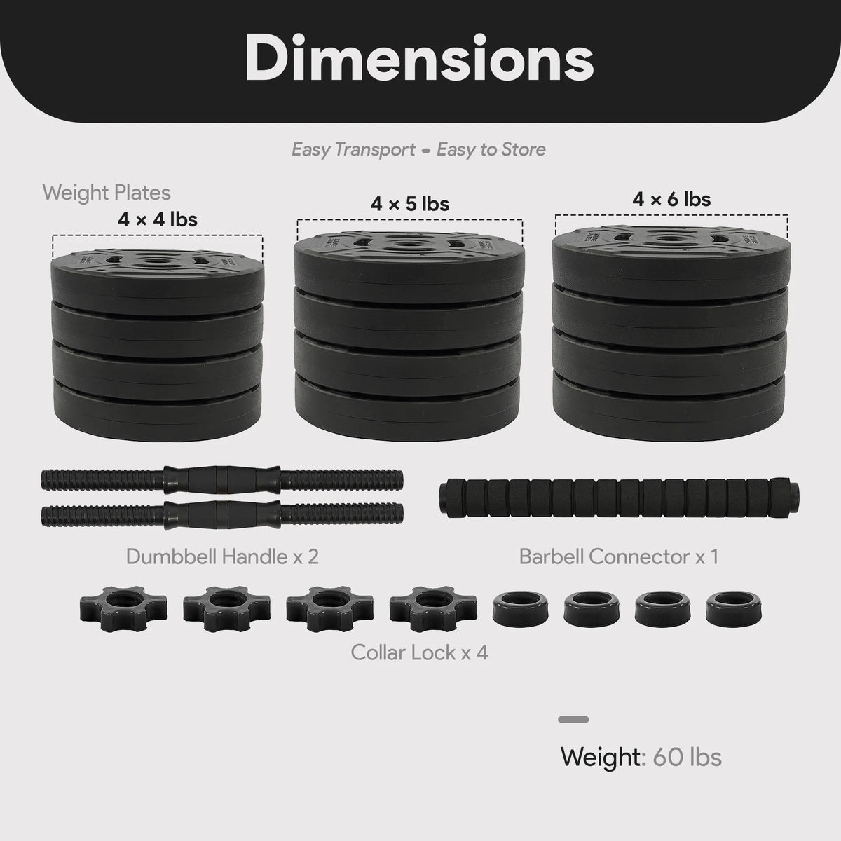 Fitvids 2 in 1 Adjustable Dumbbell Set, 60lbs Free Weights Set with Connector, Black