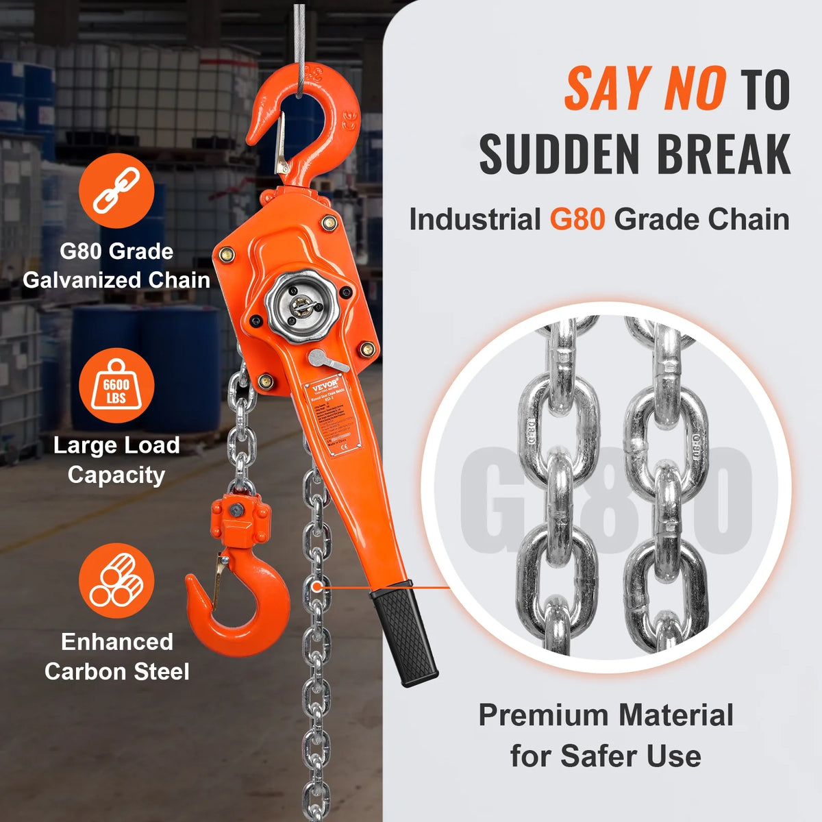 VEVOR Manual Lever Chain Hoist, 3 Ton 6600 lbs Capacity 10 FT Come Along, G80 Galvanized Carbon Steel with Weston Double-Pawl Brake, Auto Chain Leading & 360�� Rotation Hook, for Garage Factory Dock