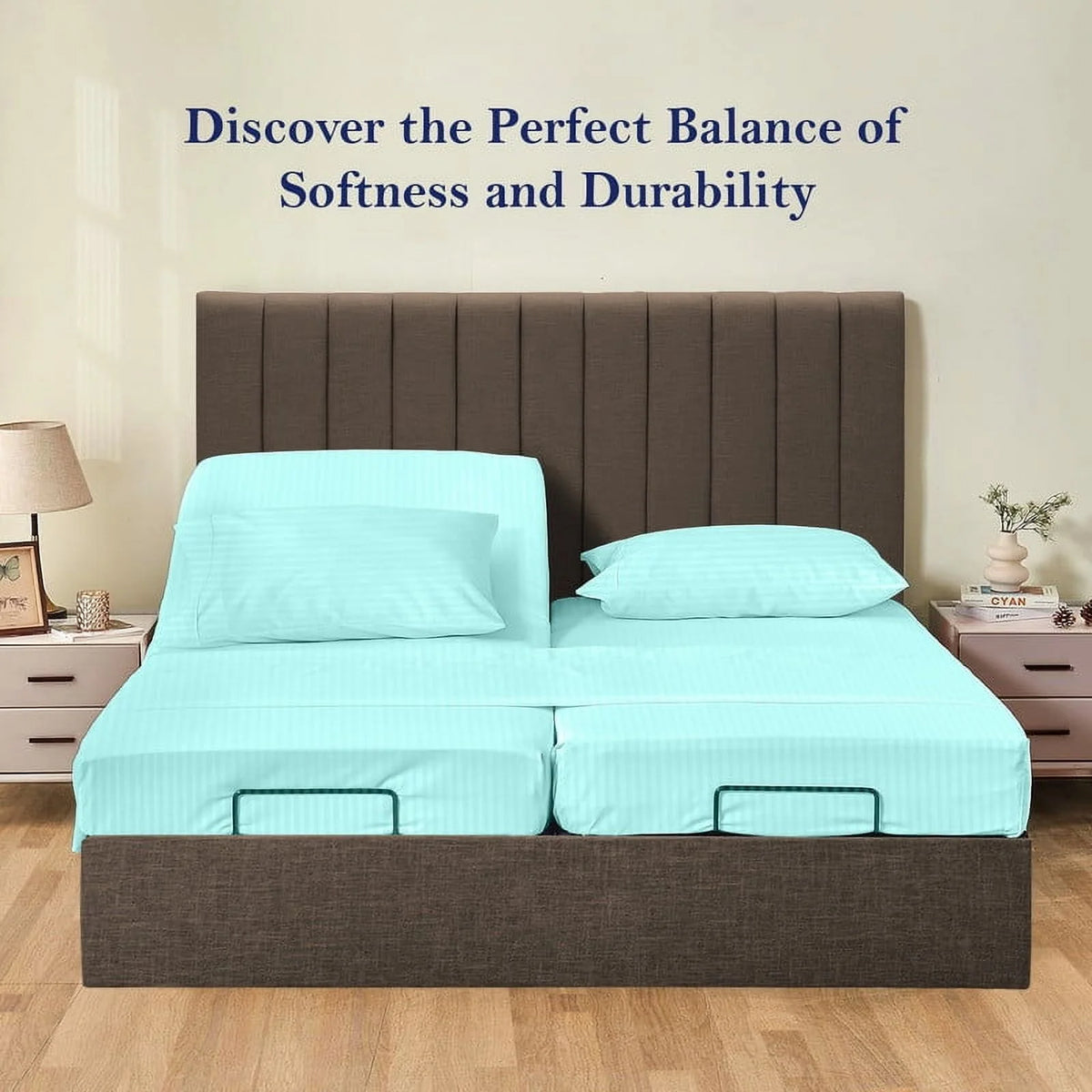 5-Piece Split Queen Sheet Set, 800 Thread Count, 100% Egyptian Cotton, Color Aqua Blue Stripe Pattern, Fits 16-Inch Deep Mattresses