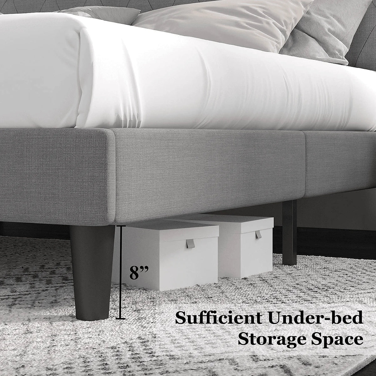 Einfach Queen Size Platform Bed Frame with Upholstered Headboard, Light Grey