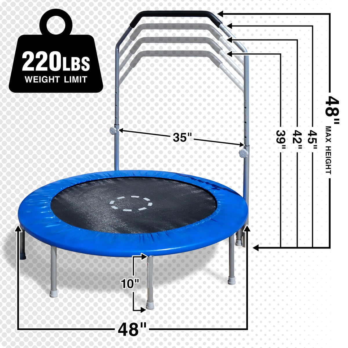 Sportspower TruJump 48" Indoor/Outdoor Mini Trampoline, Fitness Rebounder Trampoline with Adjustable Handle, BLUE