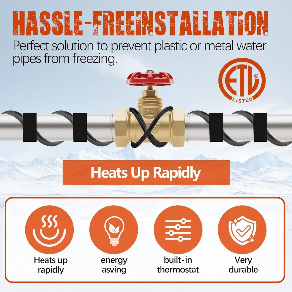 120FT Heat Tape for Water Pipes, Roof Snow De-Icing, RV  Heating Cable,120 Volt 8W/ft