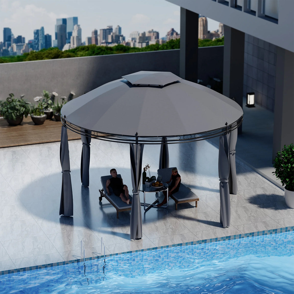 Gymax 11.5' Outdoor Patio Round Dome Gazebo Canopy Shelter Double Roof Steel Gray