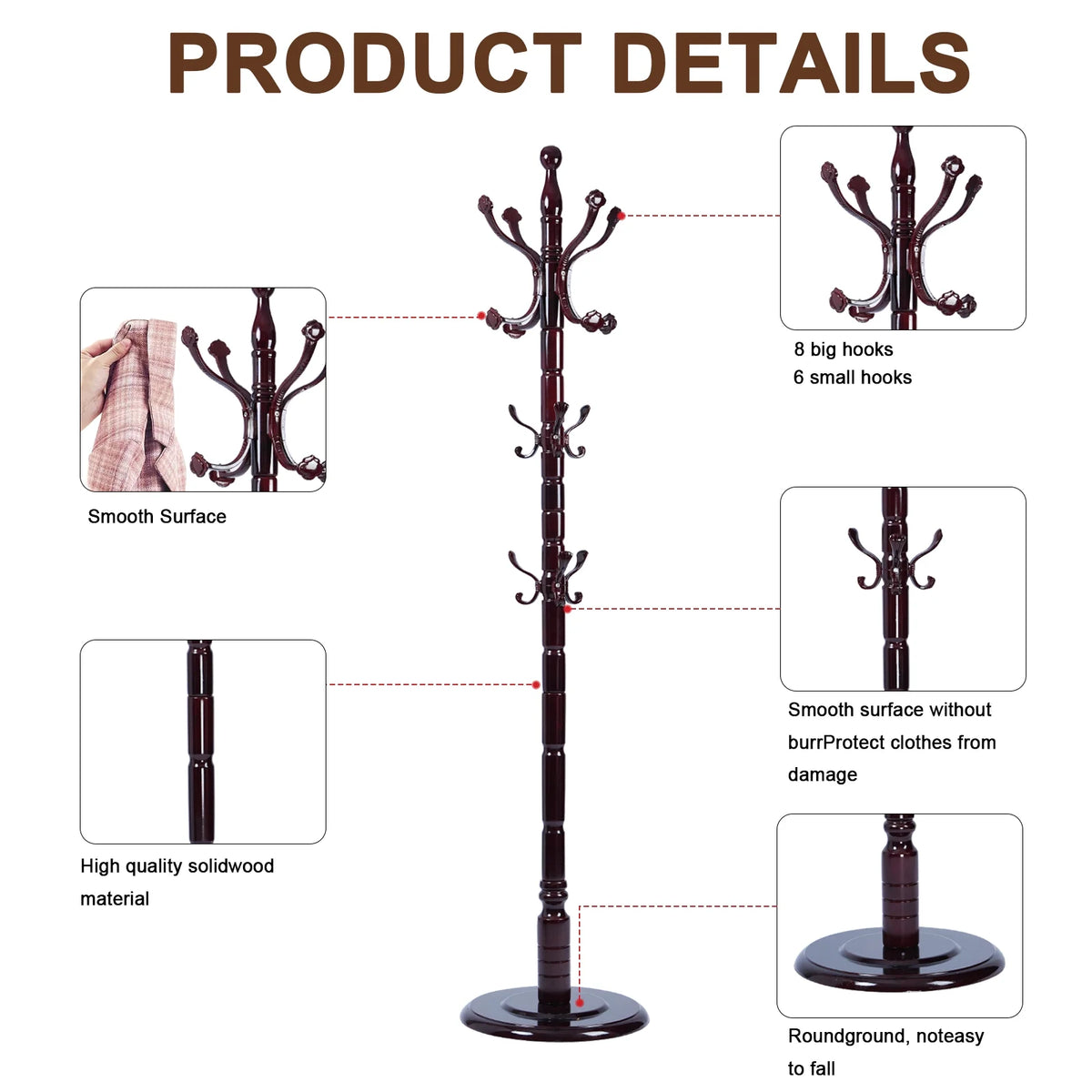 Coat Rack Freestanding, Hall Tree with 11 Hooks, Heavy Duty Wooden Coat Tree Stand, Adjustable Height, Sturdy Base for Bedroom Hallway Office - Load 270lbs