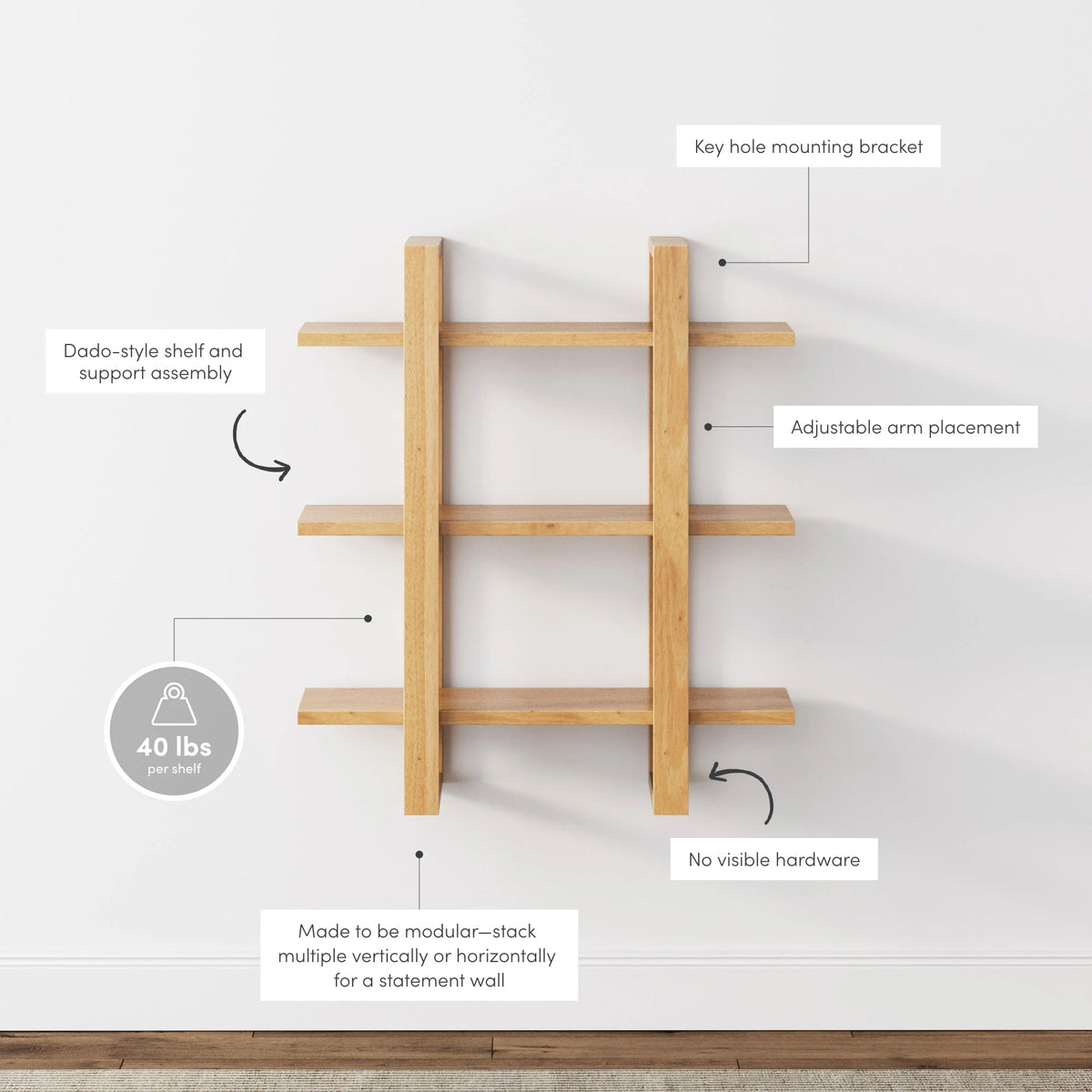 Nathan James Benji Floating Wall Book Shelves, 3-Tier Display Shelf, Decorative Modular Shelf in Solid Wood, Natural Brown
