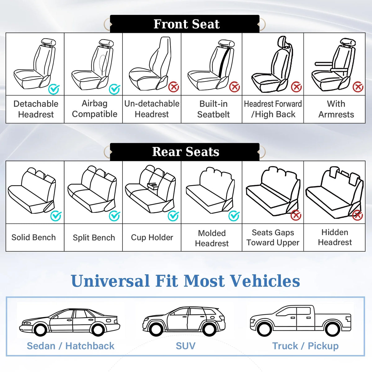 Coverado Black Front Car Seat Covers, Stylish Waterproof Premium Leather Automotive Seat Protectors, Airbag Compatible Auto Interior Accessories Universal Fit for Most Cars SUV Pick-up Trucks