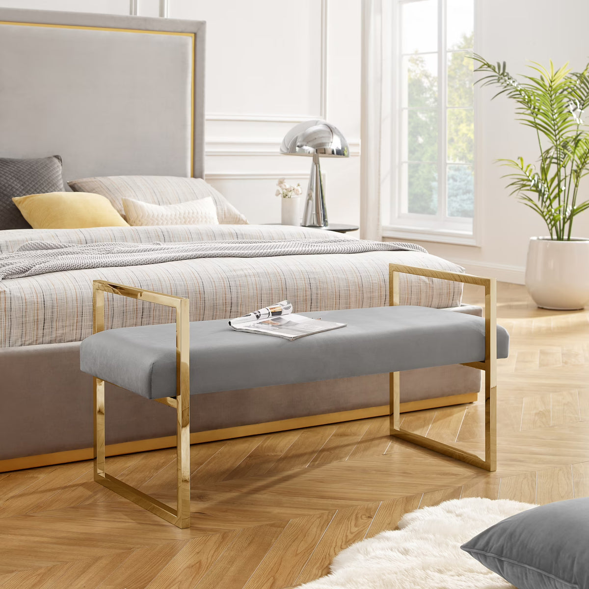 Madisen Velvet Bench with Gold Frame, Navy