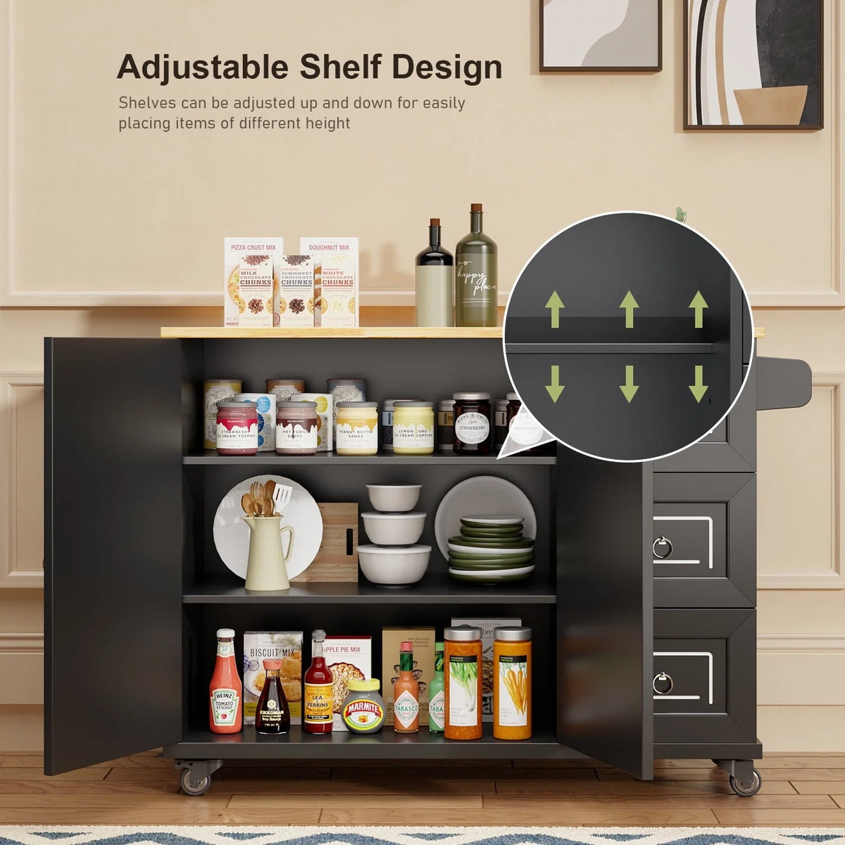 Lofka Kitchen Island with Storage,  Kitchen Island on Wheel with Wood Drop Leaf Tabletop,Black