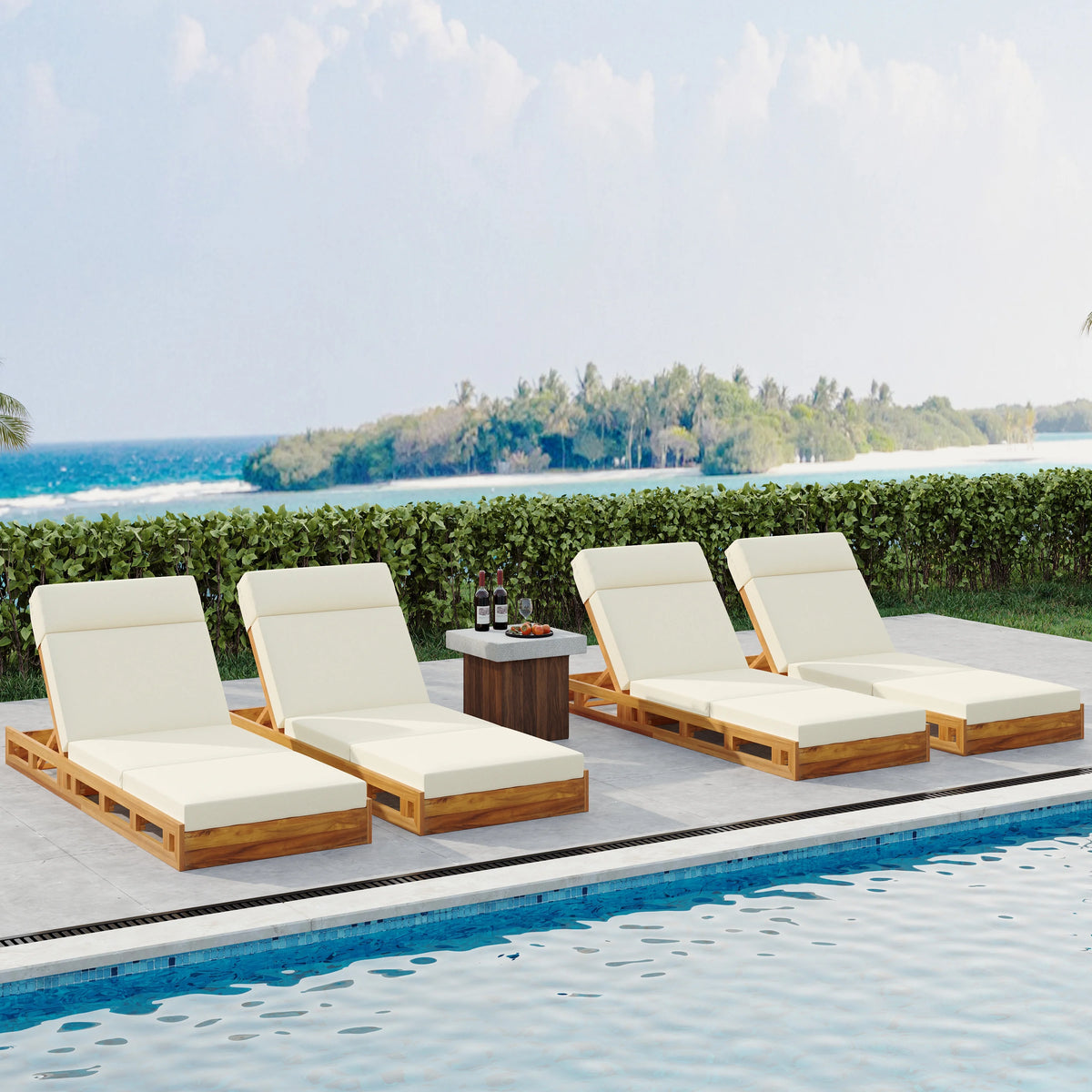 Patio Seating LOUNGE CHAISE SET, ACACIA WOOD WITH WATER-RESISTANT LOUNGE CUSHIONS (CREAM & 4 INCH THICK) - MATCHING DARK GREY VERSION AVAILABLE,Outdoor Seating
