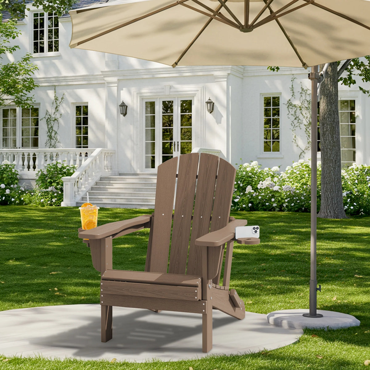 SERWALL Folding Adirondack Chair Set with Dual Cup Holders & Phone Holder, All-Weather HDPE Fire Pit Chairs for Outdoor, Patio, Poolside, Garden - Black