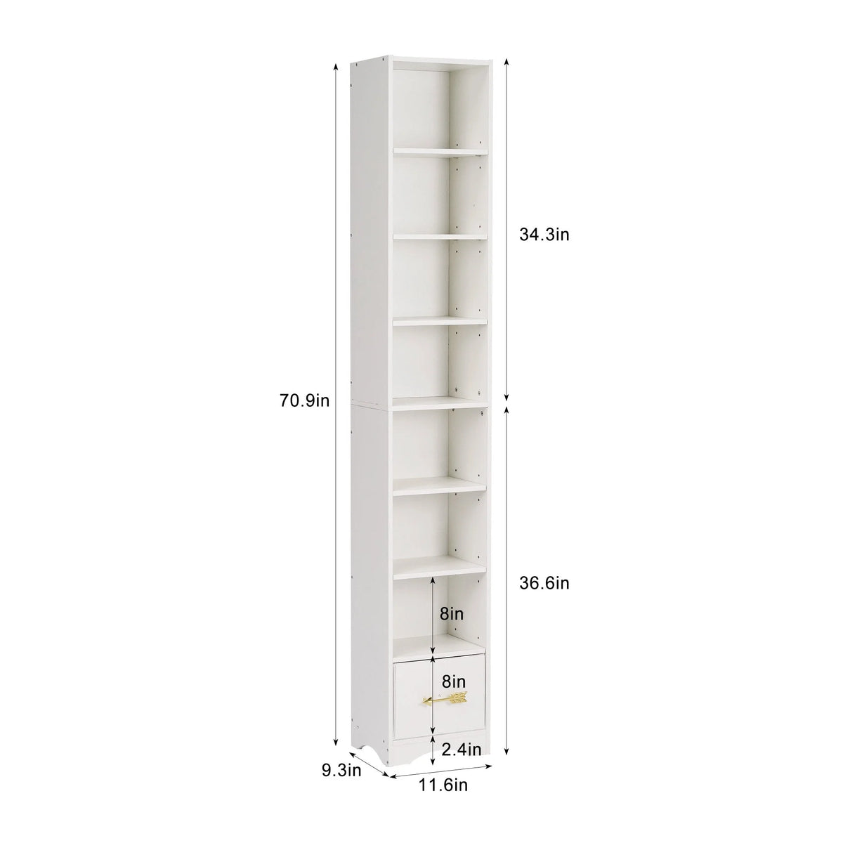 Javlergo 71" Tall Narrow Bookcase, Small Corner Bookshelf with Adjustable Shelves & Drawer, White