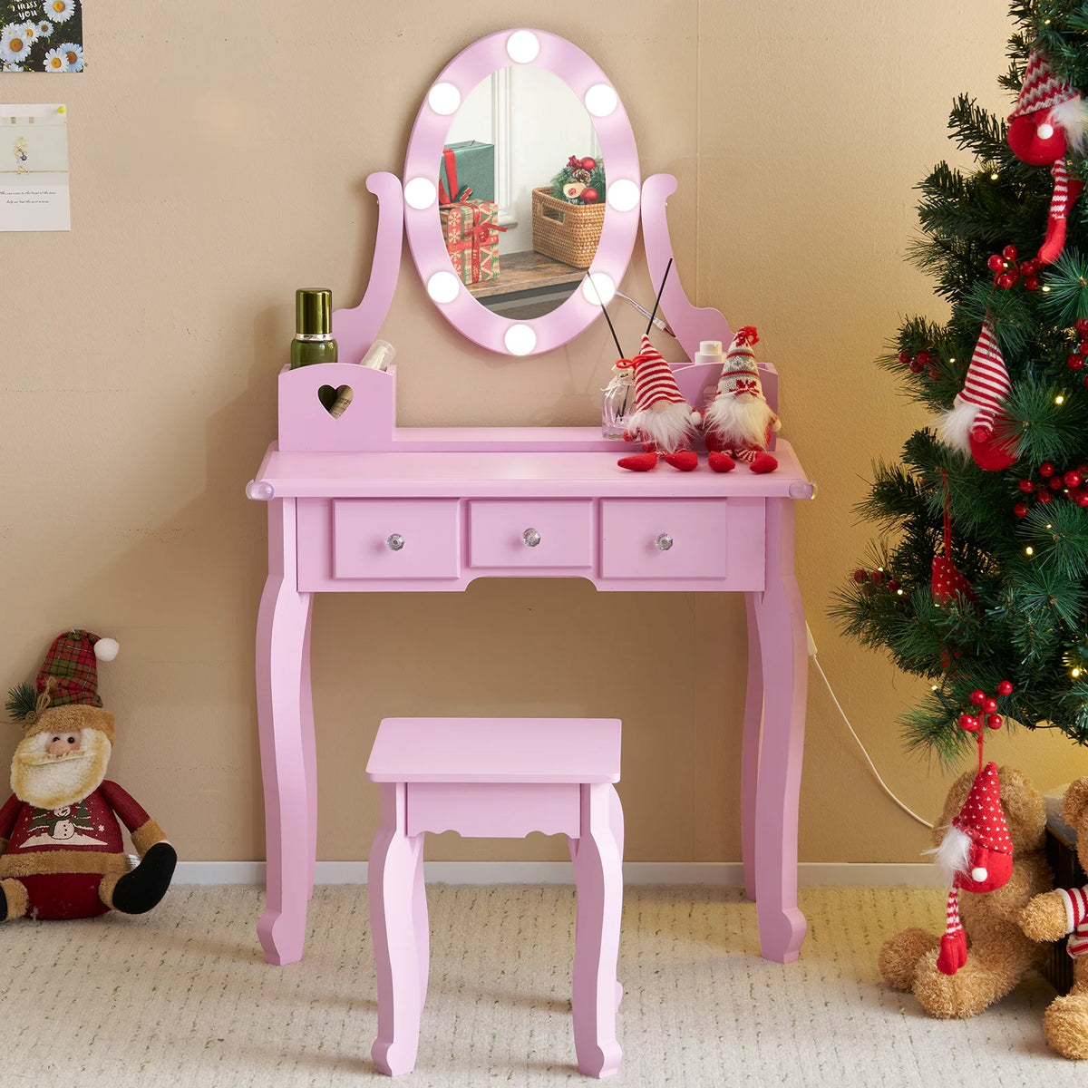 Zimtown Kids' Vanity Set with 3-Color LED Lighted Mirror Makeup Table with Matching Stool, Purple