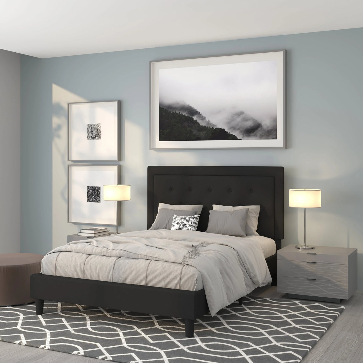 Flash Furniture Roxbury Queen Size Tufted Upholstered Platform Bed in Black Fabric
