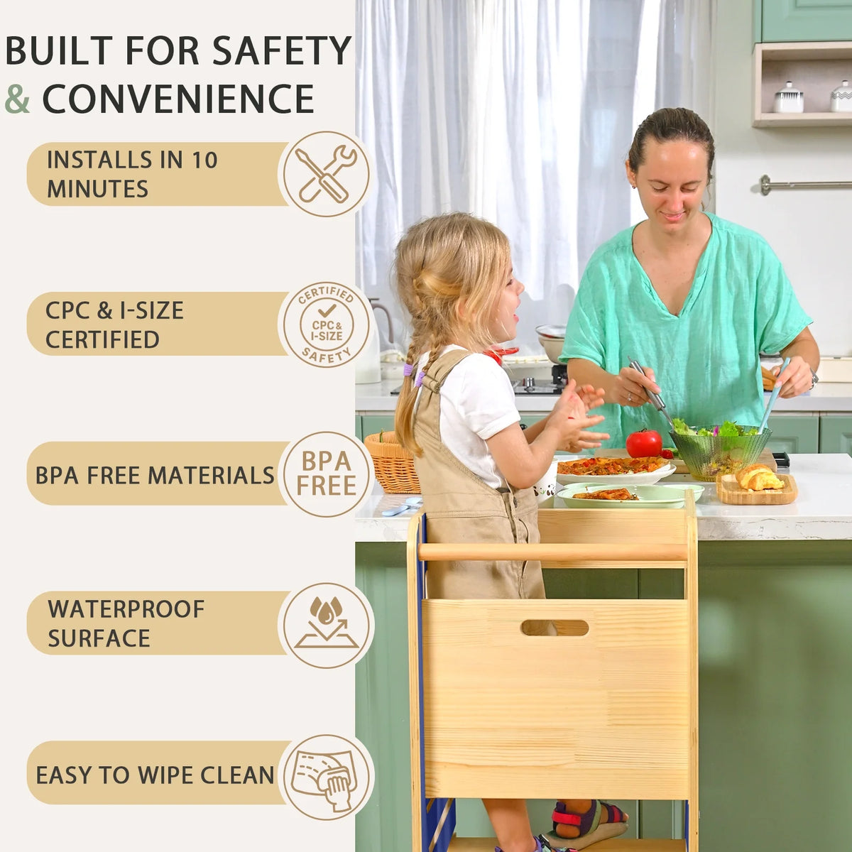 Toddler Standing Tower, Kids Kitchen Stool Helper 3 Levels Adjustable Height Wooden Toddler Step Stools for Learning New Skills
