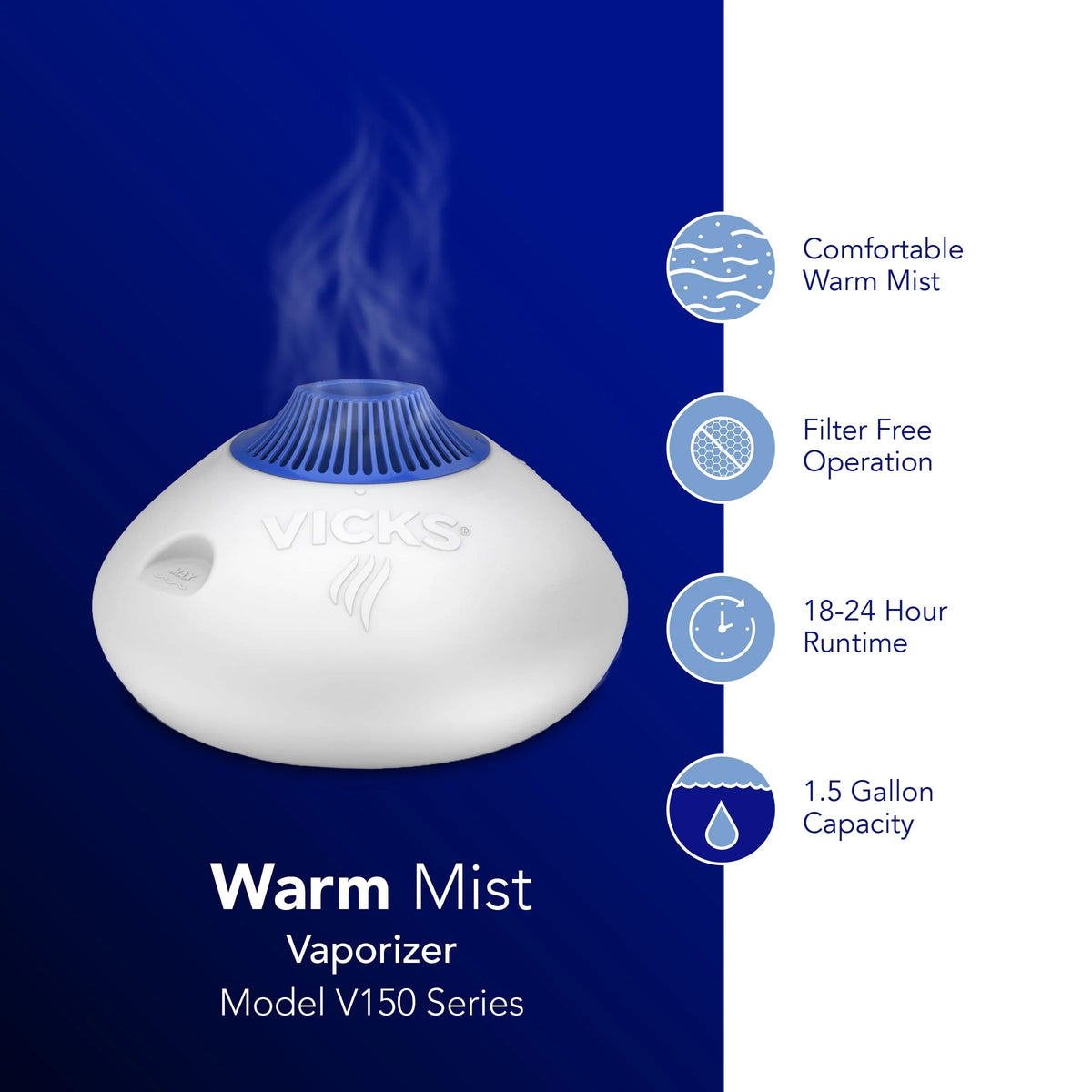 Vicks Warm Steam Vaporizer Humidifier, 600 sq ft, White, V150RYUPC