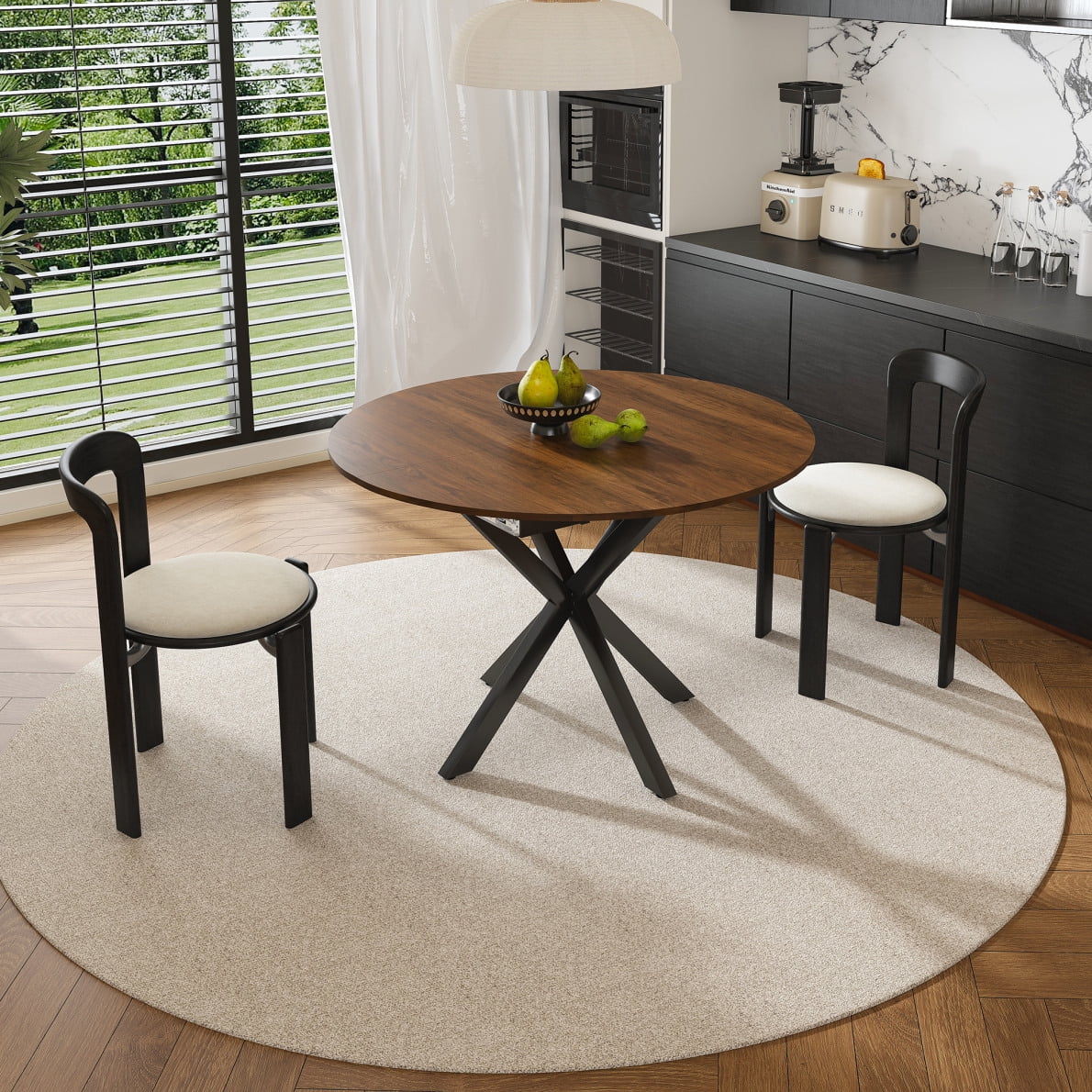 42"-59" Extendable Dining Table, Farmhouse Oval Kitchen Table with Removable Leaves and Metal Legs Support for Living Room, Walnut