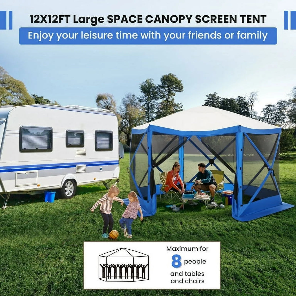 SANOPY 12'x12' Gazebo Outdoor Pop up Gazebo Screen Tent with 6 Sides Mosquito Netting Camping Gazebo Instant Shelter Glamping Tent with Carry bag, Ground Spike, Gray
