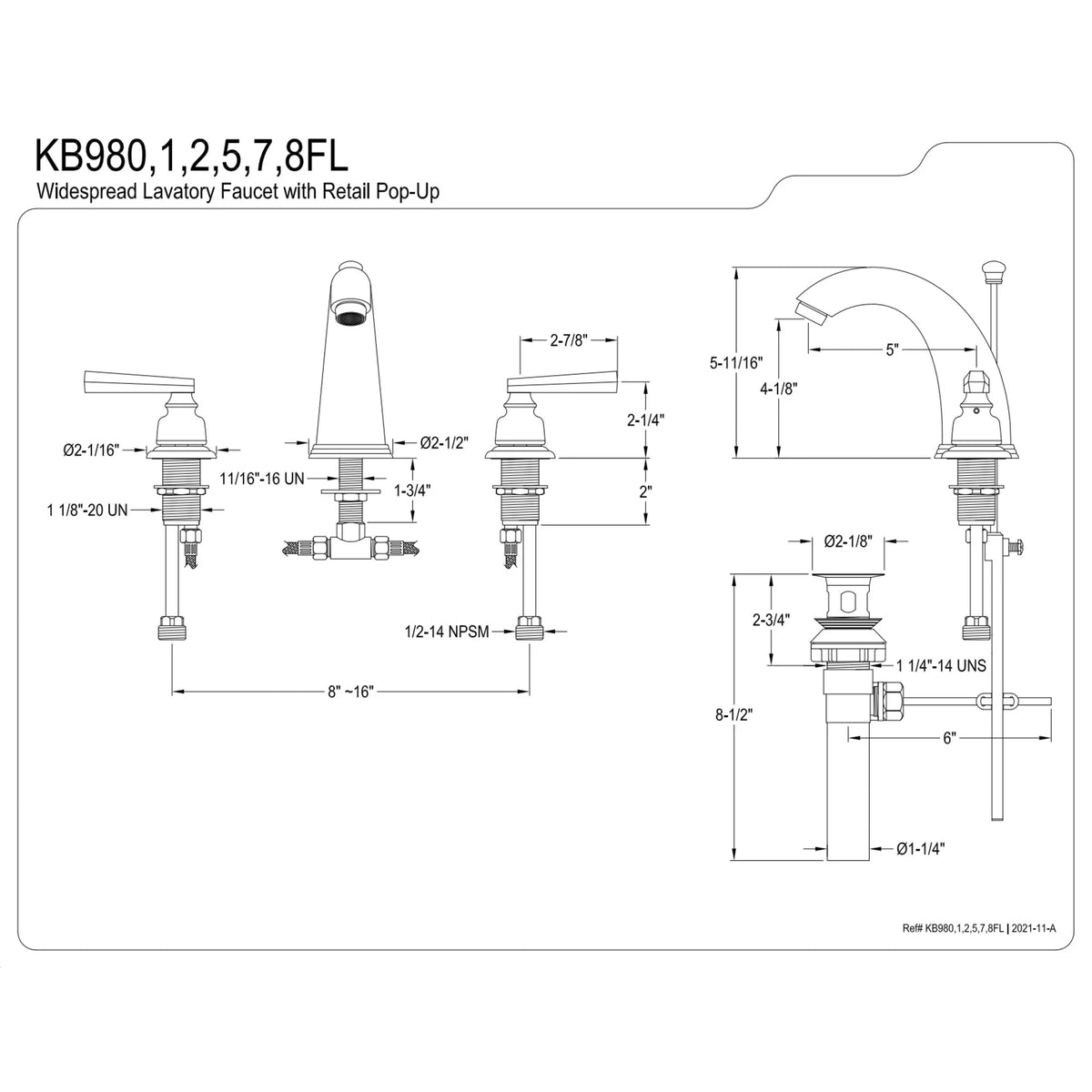 Kingston Brass KB982FL Widespread Bathroom Faucet, Polished Brass