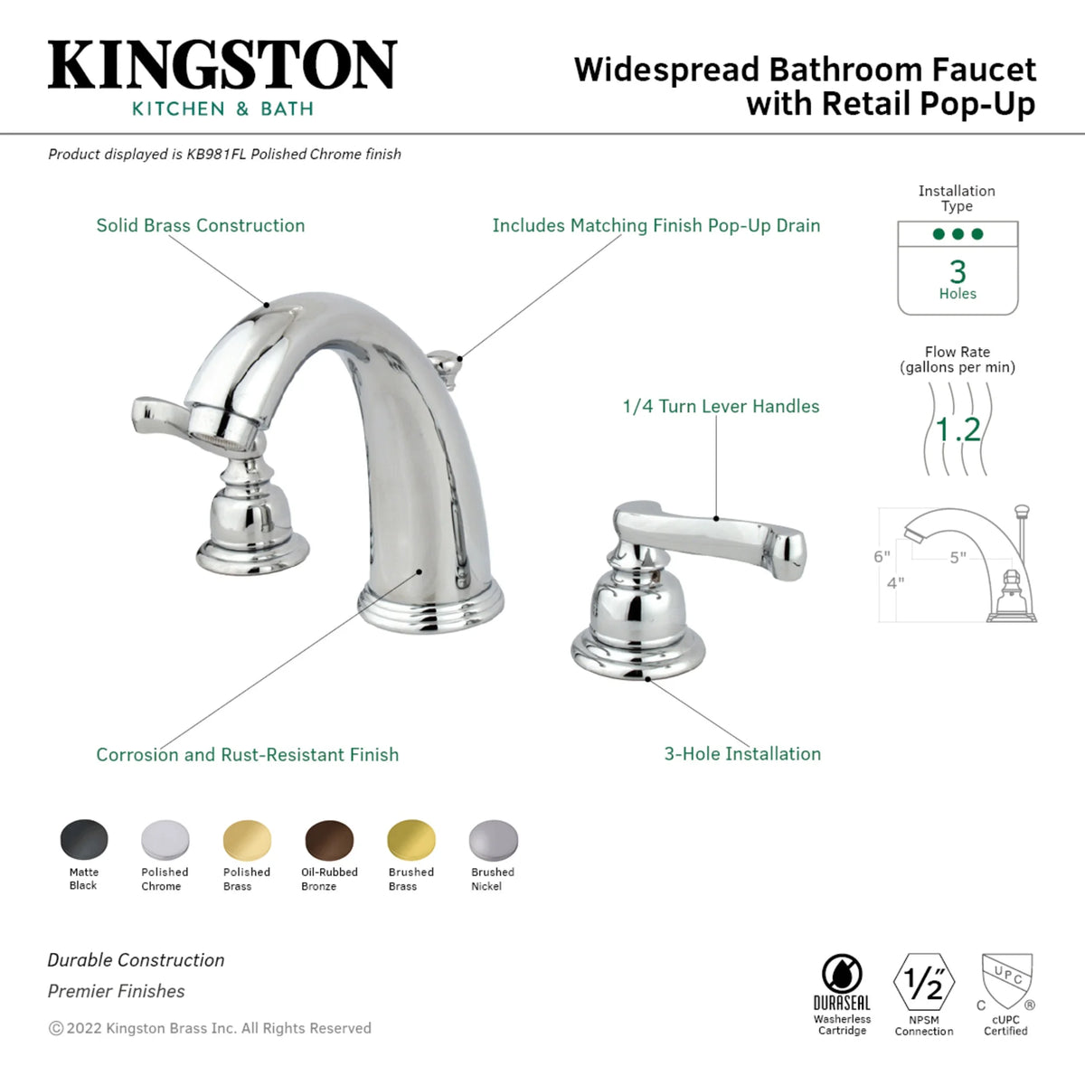 Kingston Brass KB982FL Widespread Bathroom Faucet, Polished Brass