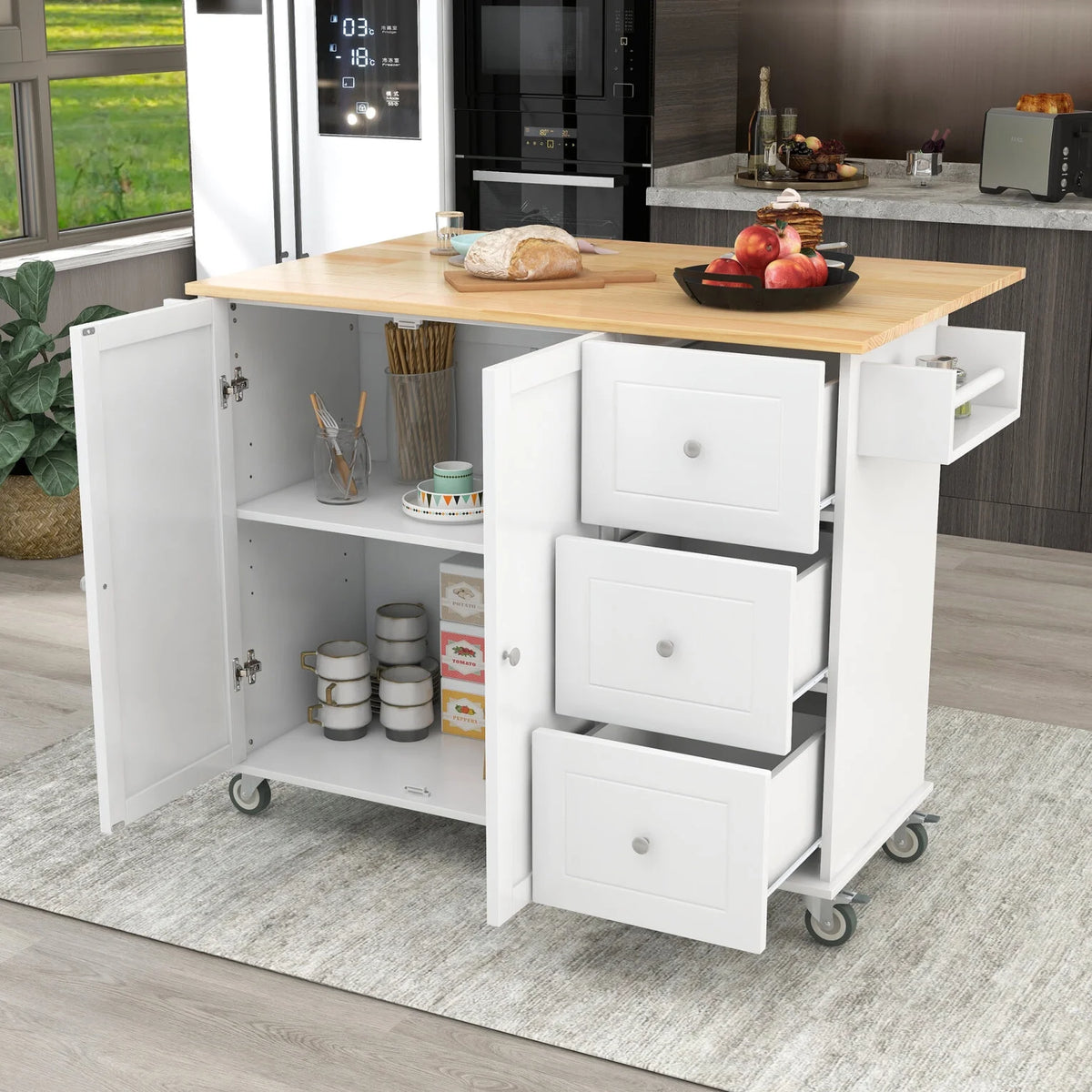 Kitchen Cart with Solid Wood Top and Drop Leaf Breakfast Bar, Rolling Mobile Kitchen Island with Storage, Spice Rack and Towel Rack, 52.7 Inch Width, Grey Blue