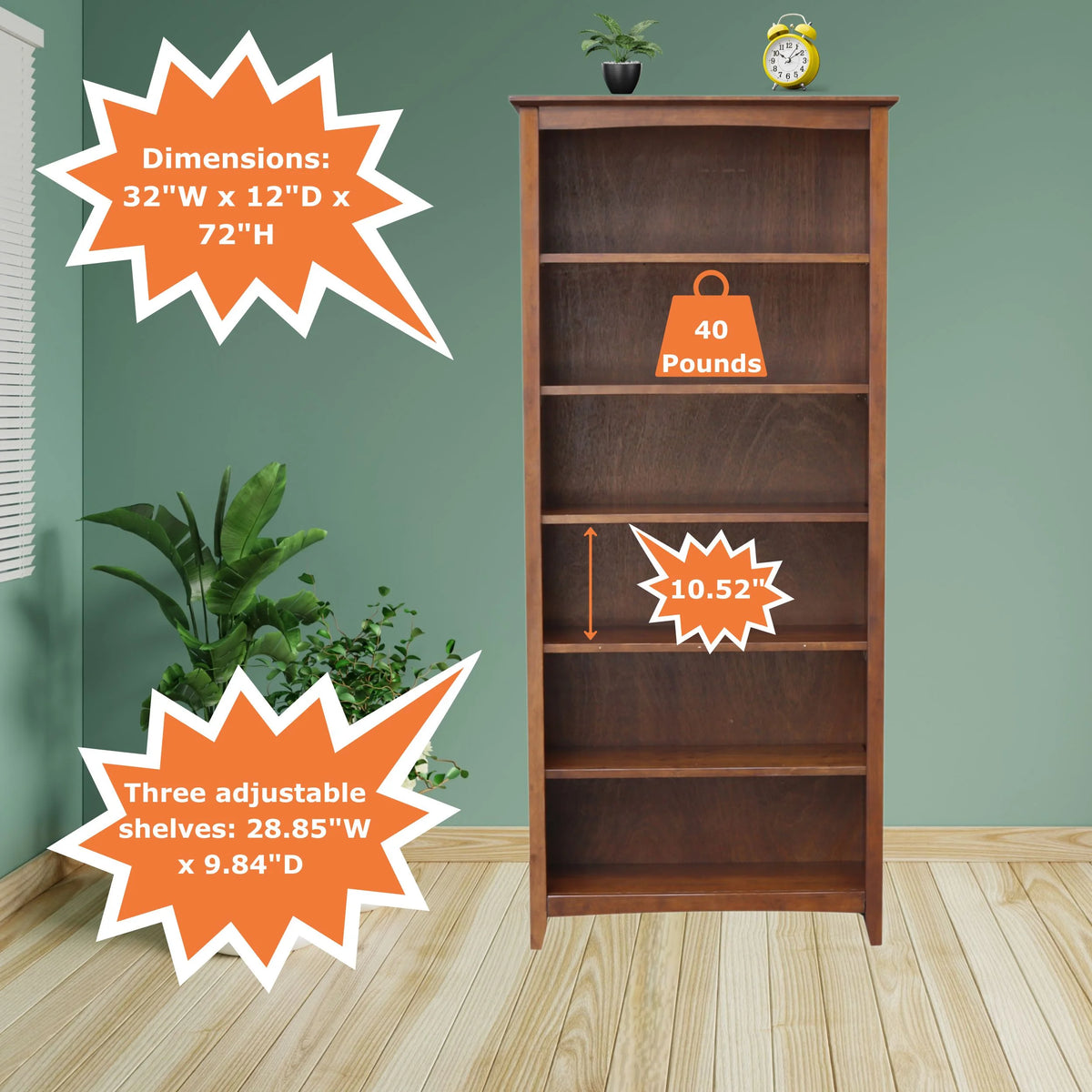 International Concepts Solid Wood Shaker Bookcase, 72 in H