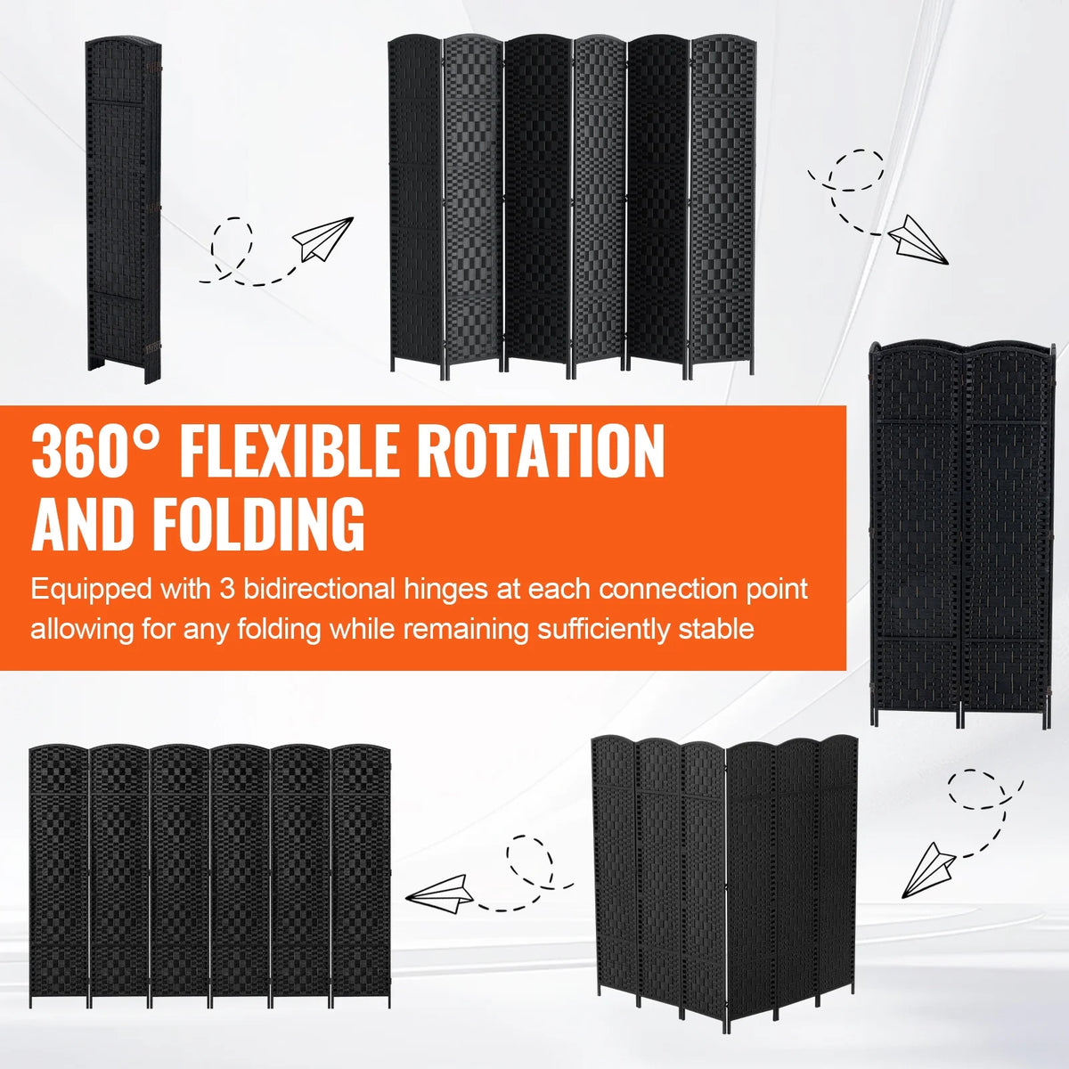 KFFKFF 6-Panel Room Separator, Crafted Folding Privacy Barriers with Connectors, Movable and Self-Supporting Space Dividers and Wall Separator for Space Delineation, Black