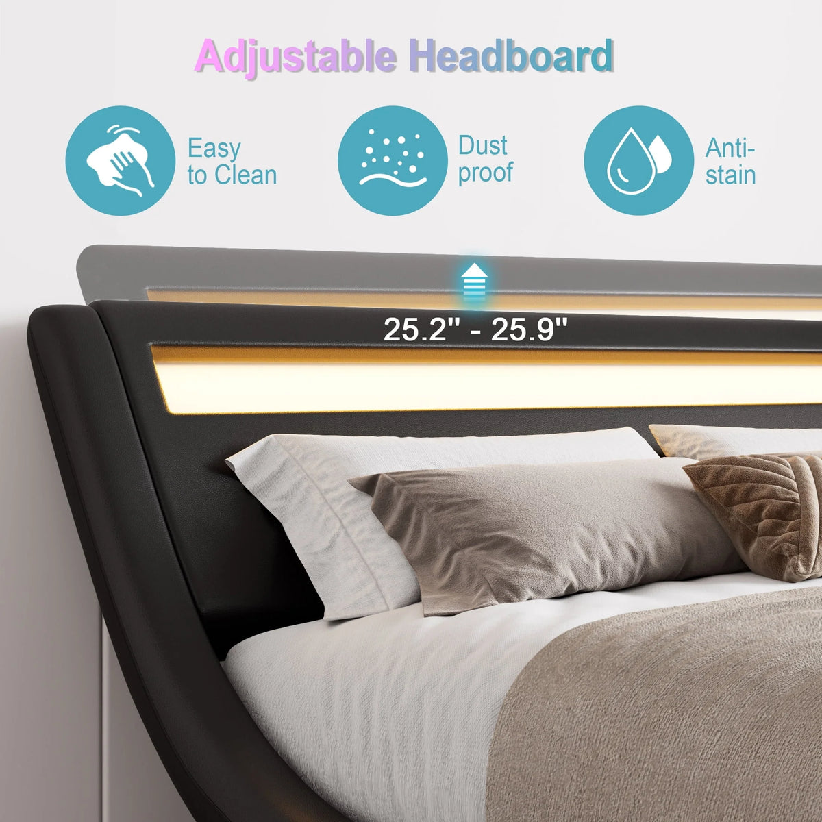 Amolife Queen Size Wave-Like Curve Deluxe Upholstered Modern Bed Frame with LED Headboard,Black