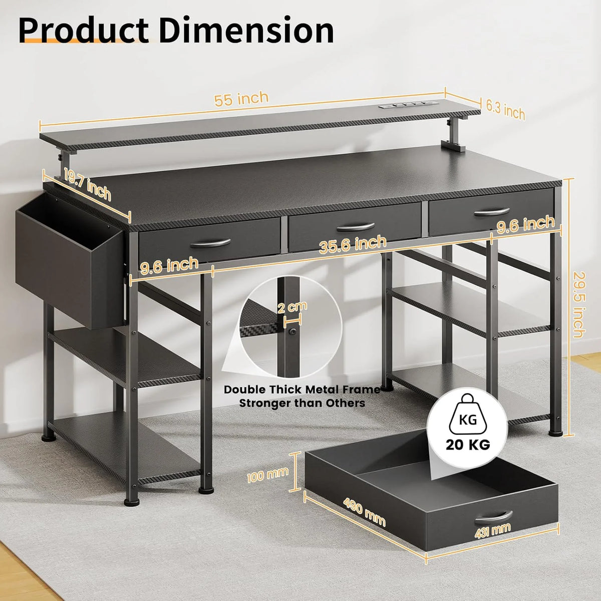 Upgo 55" Gaming Desk with Adjustable Storage Rack & LED Lights, Power Outlets for Adult and Teen
