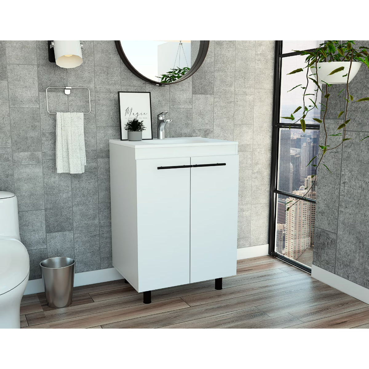 24" Floor Cabinet With Oak Finish, Double-door And Two Shelves - Storage Room Vanity Beige Particle Board Cabinet, Double Door & Spa