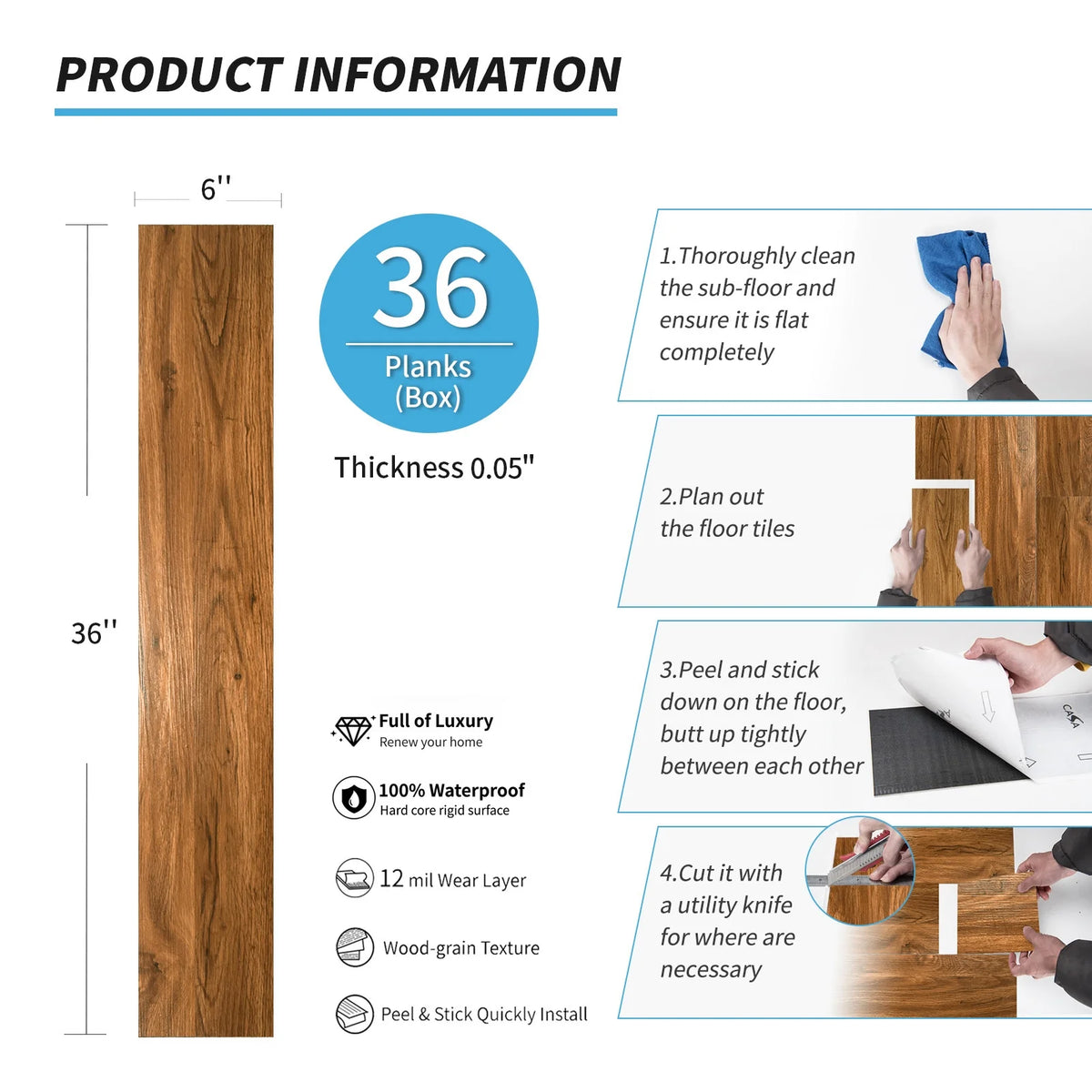 Self-adhesive 6" x 36" x 0.05" Luxury Vinyl Plank(36 pack)