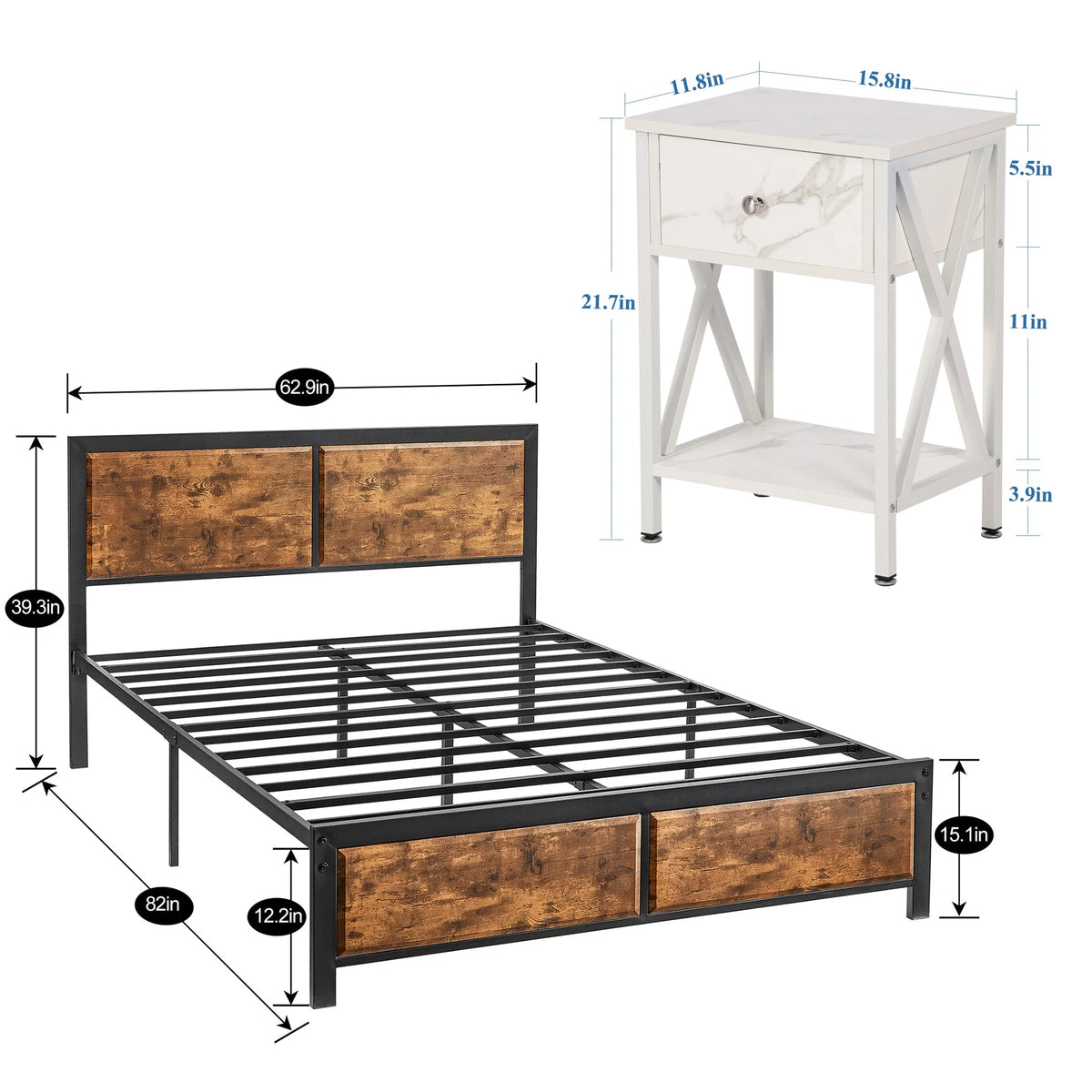 VECELO 3-Piece Bedroom Set with Twin Size Bed Frame and 1-Drawer Black Nightstands